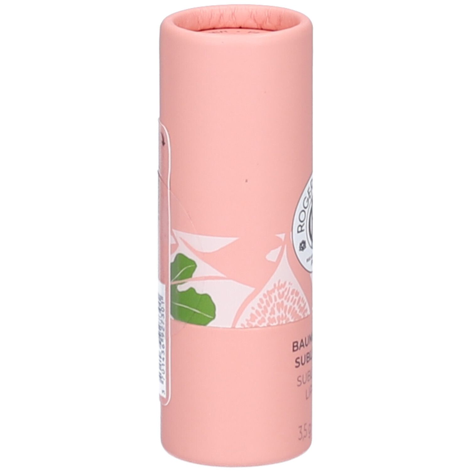 Emballage cylindrique rose. Logo ROGER & GALLET. Autocollant avec texte. Illustration de feuille et fruit de figuier.