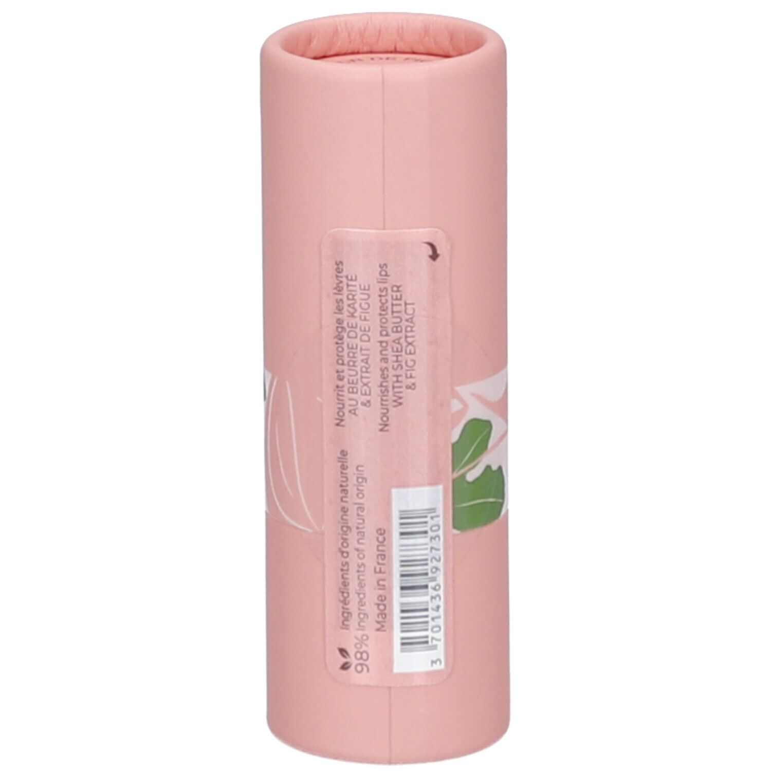 Emballage cylindrique rose. Autocollant avec texte: ingrédients, origine, 98% ingrédients naturels. Fabriqué en France.