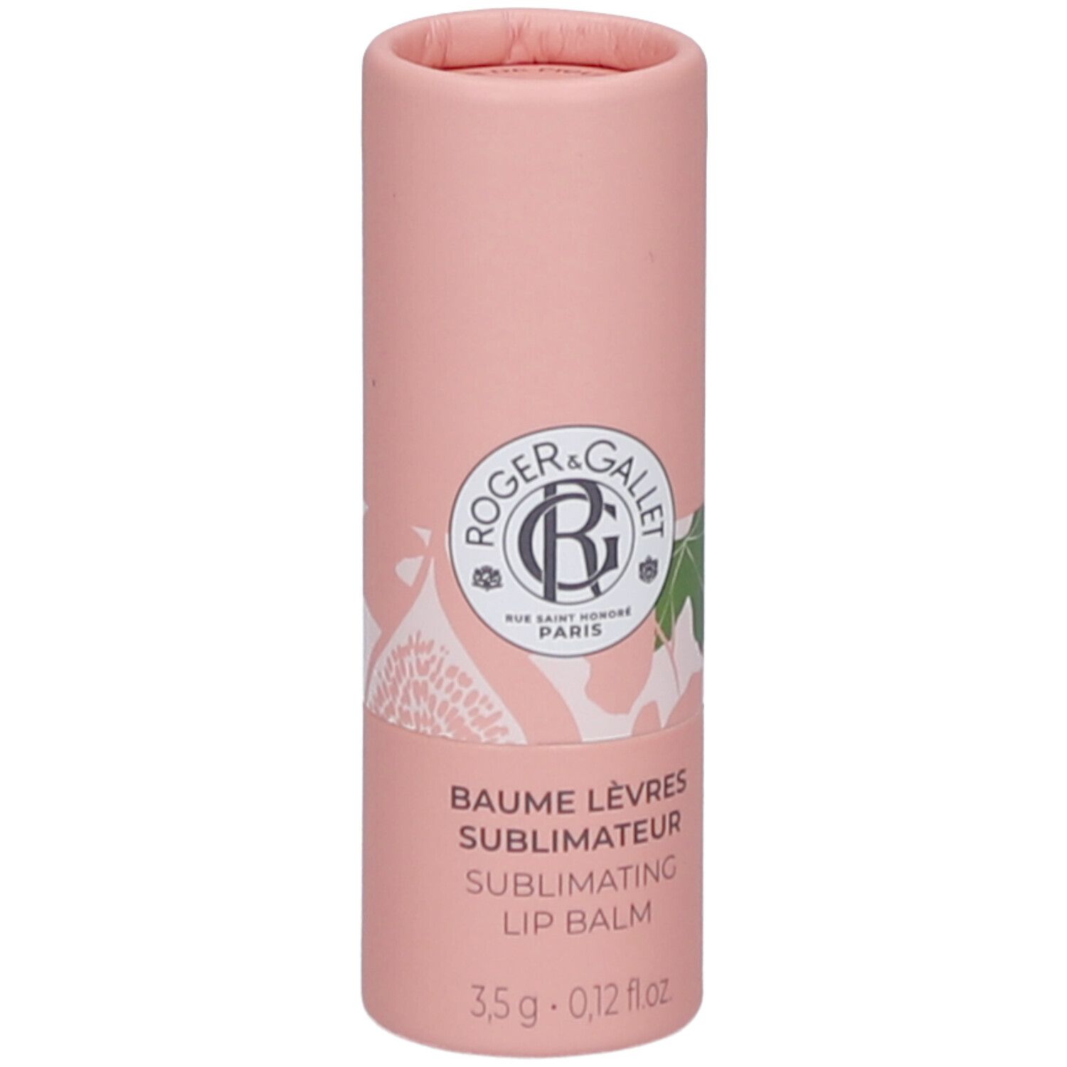 Emballage cylindrique rose. Logo et texte: ROGER & GALLET. Nom du produit: BAUME LÈVRES SUBLIMATEUR. 3,5 g.
