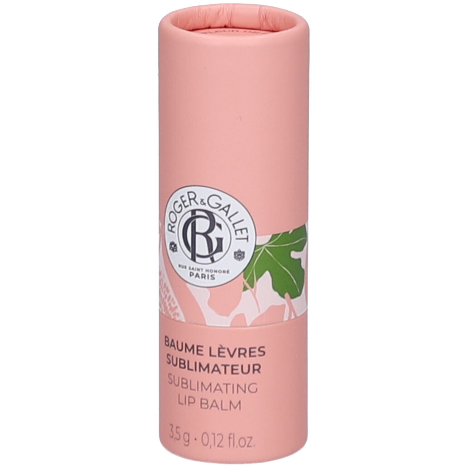 Emballage cylindrique rose. Logo et texte: ROGER & GALLET. Nom du produit: BAUME LÈVRES SUBLIMATEUR. 3,5 g.