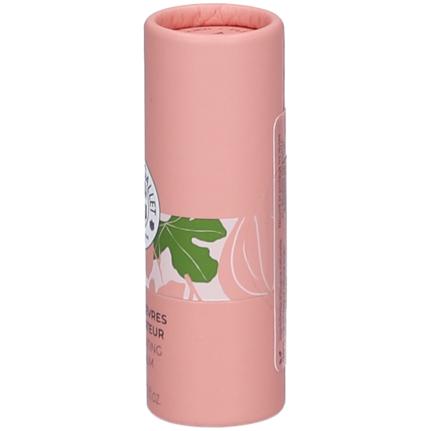 Emballage cylindrique rose. Logo ROGER & GALLET. Nom du produit: BAUME LÈVRES SUBLIMATEUR. 3,5 g. Autocollant.
