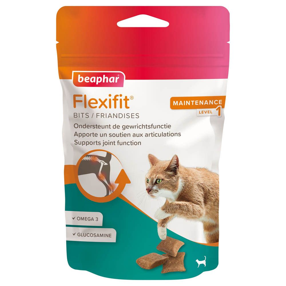 Sachet de friandises Beaphar Flexifit Chat. Contient Oméga 3 et Glucosamine. Image d'un chat et de morceaux de produit.