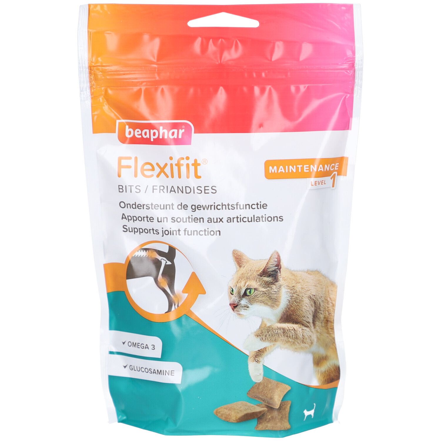 Sachet de friandises Beaphar Flexifit Chat. Contient Oméga 3 et Glucosamine. Image d'un chat et de morceaux de produit.
