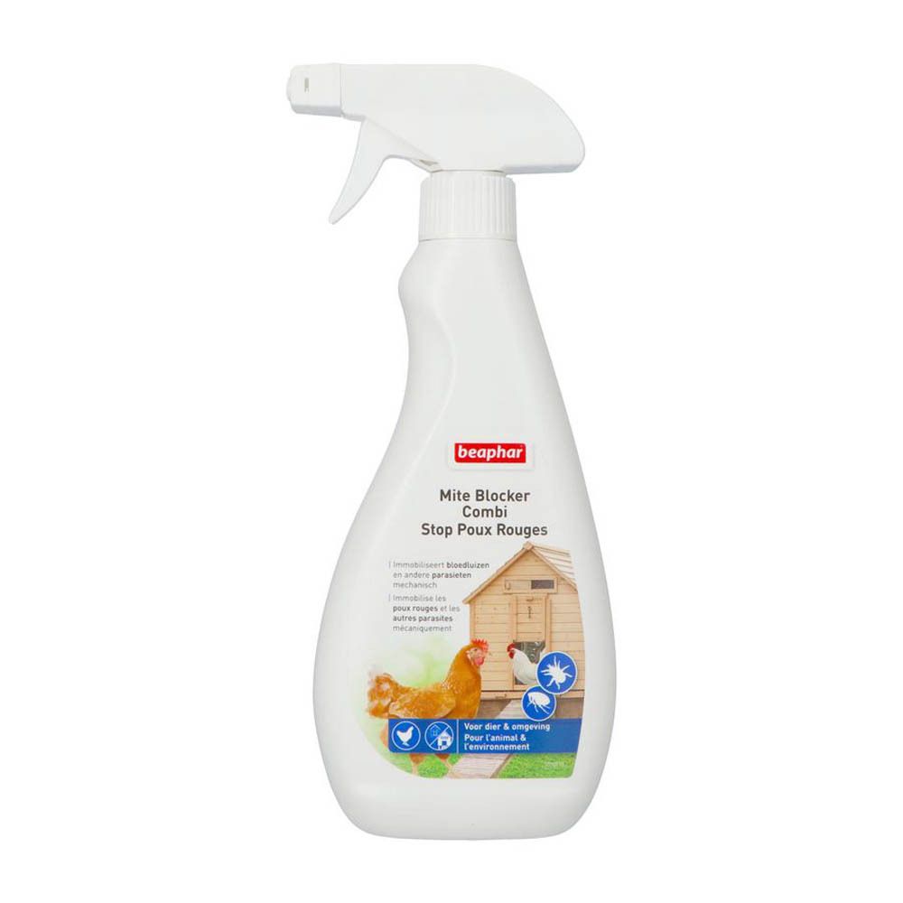 Flacon pulvérisateur blanc avec étiquette rouge. Inscription : beaphar, Mite Blocker Kombi, Stop Poux Rouges. Illustration de poulets et d'un poulailler.