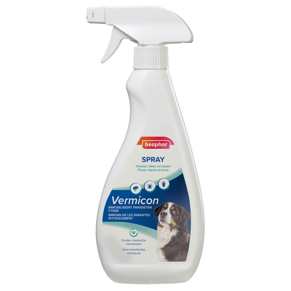 Flacon pulvérisateur blanc avec étiquette Beaphar Spray Vermicon. Image d'un chien. Texte: Élimine les parasites.