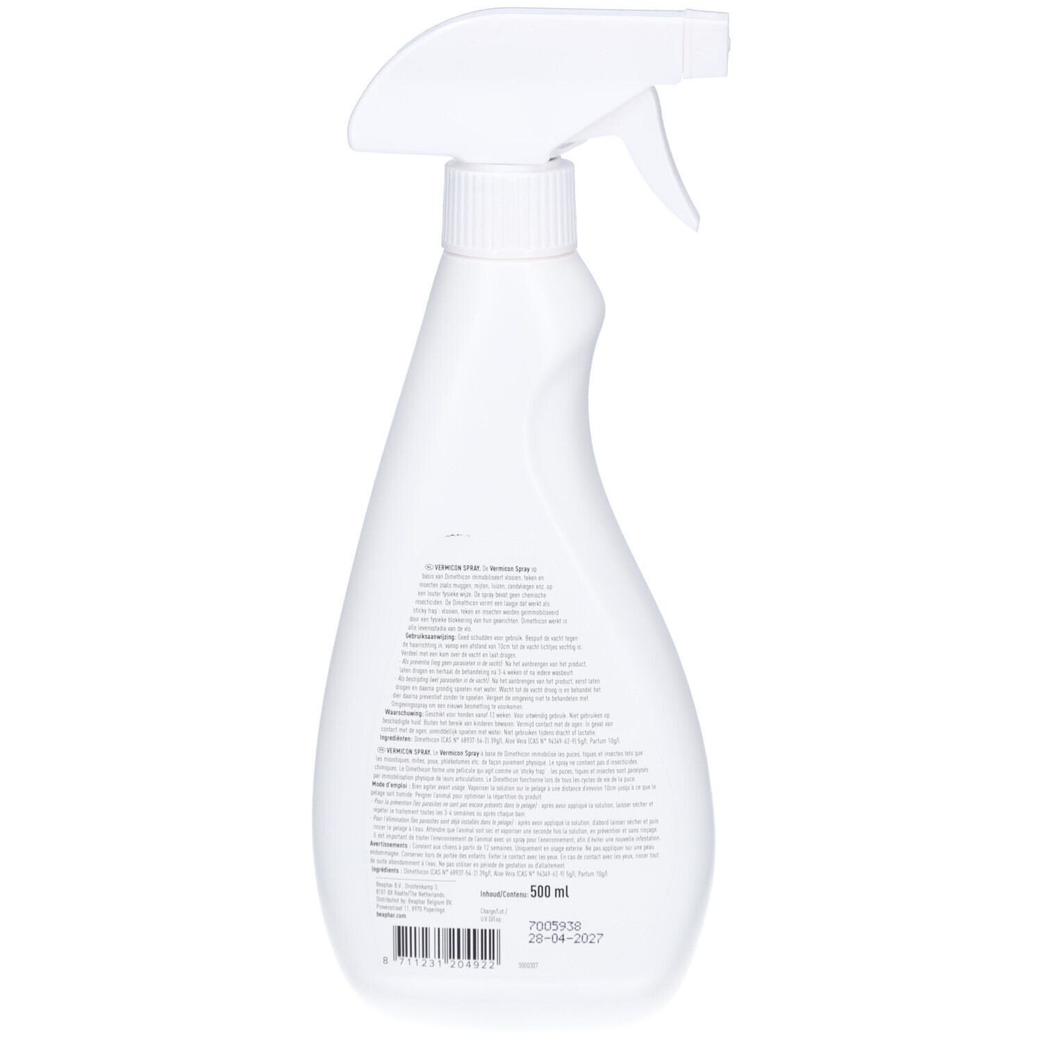 Dos d'un flacon pulvérisateur blanc. Texte multilingue. Code-barres et numéro de lot.