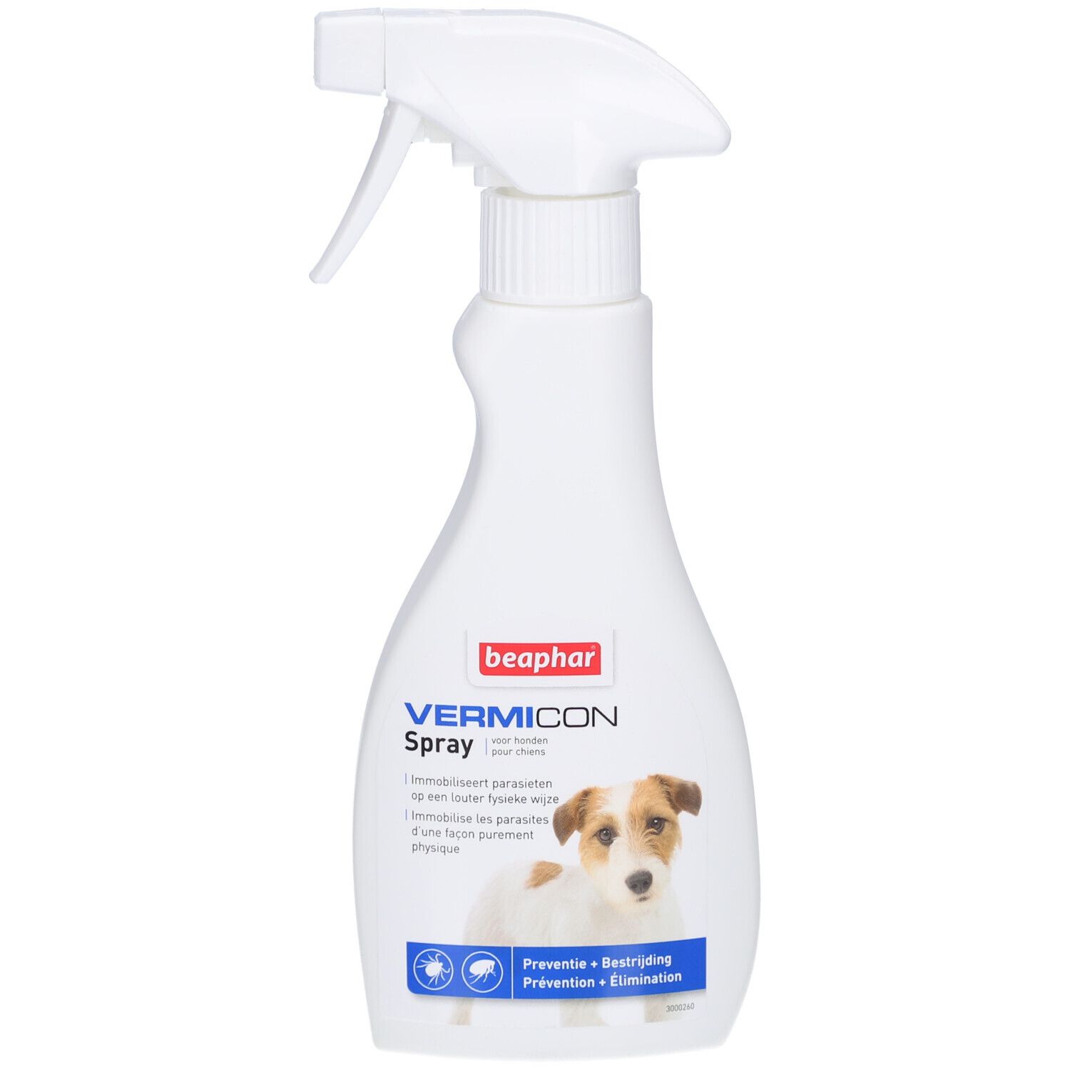 Flacon pulvérisateur blanc avec texte Vermicon Spray et logo Beaphar. Image d'un chien.