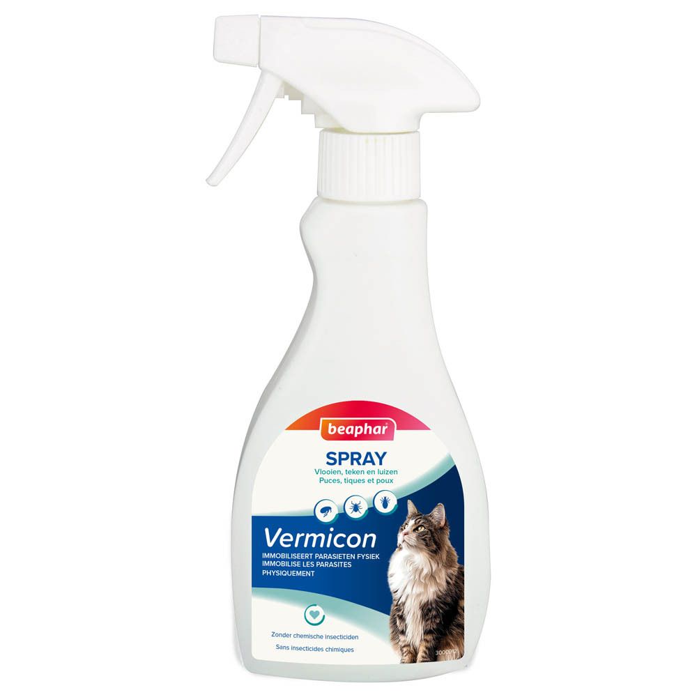 Flacon spray blanc avec tête de pulvérisation. Inscription "beaphar SPRAY Vermicon". Image d'un chat. Bande bleue avec symboles.