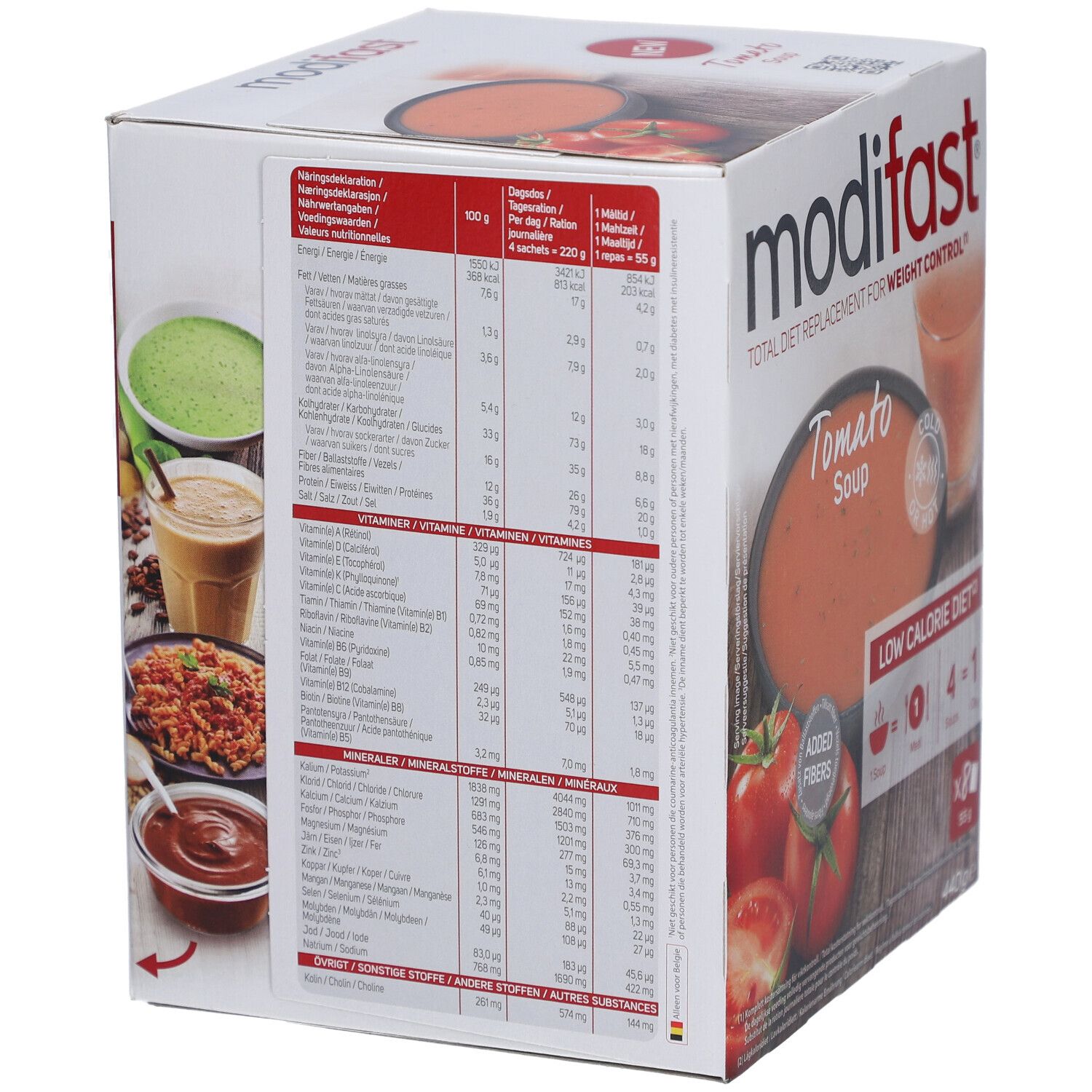 Boîte Modifast, dos avec informations nutritionnelles. Contient des informations sur l'énergie, les graisses, les glucides, les protéines et les vitamines.