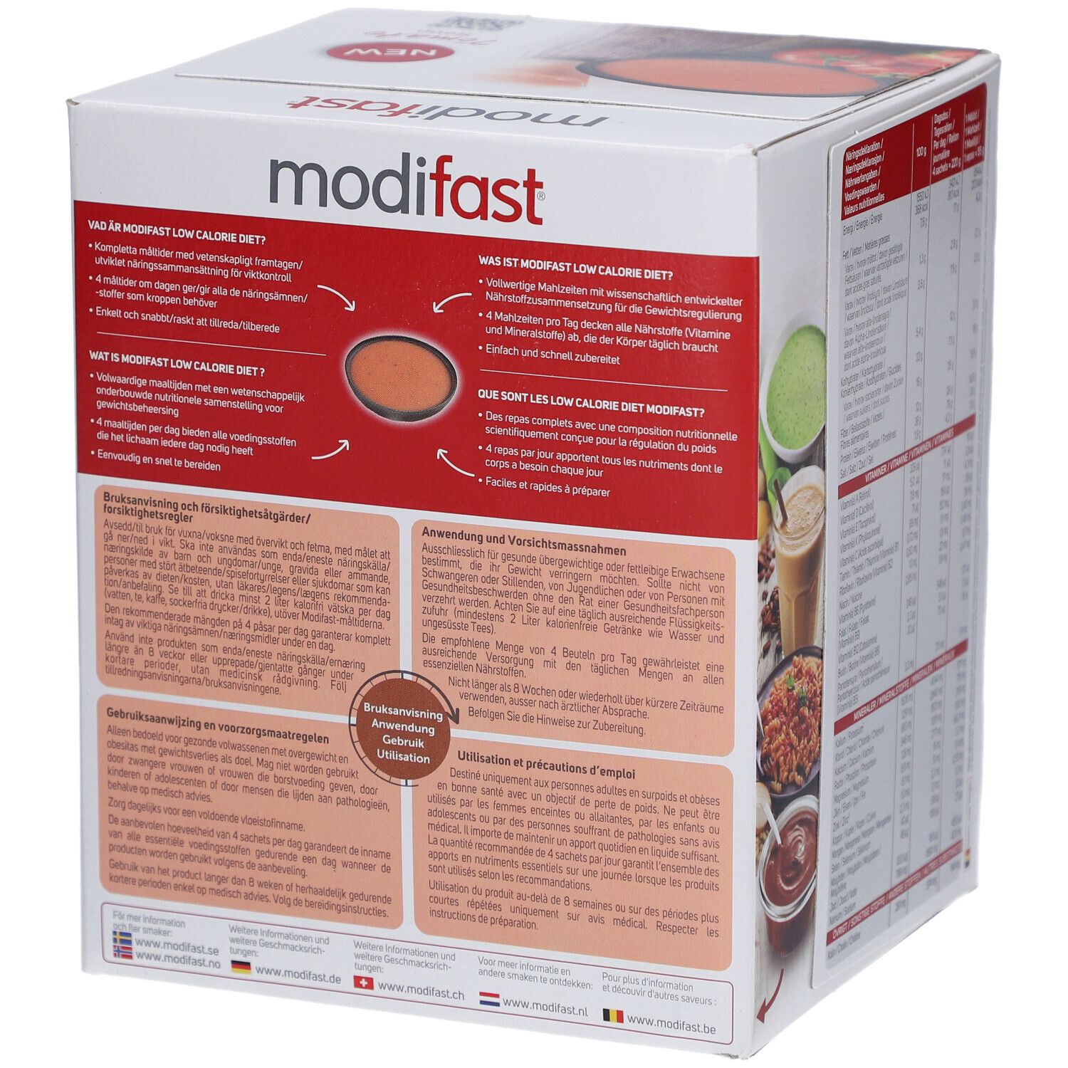 Boîte Modifast, côté avec informations sur le régime hypocalorique. Contient des informations sur l'utilisation et les précautions.