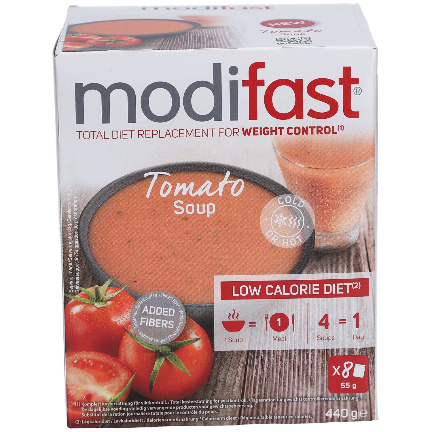 Boîte Modifast de soupe à la tomate. Image de la soupe, tomates et verre. Contient 8 sachets, 55g par sachet.