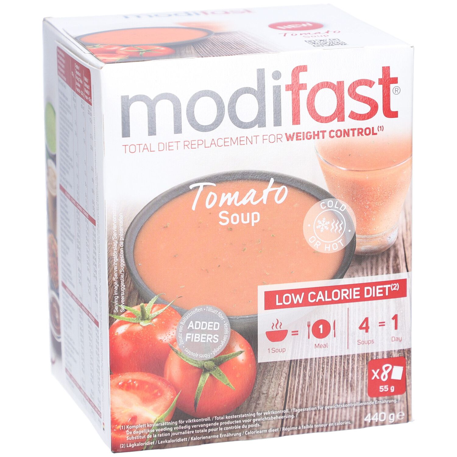Boîte Modifast de soupe à la tomate. Image de la soupe, tomates et verre. Contient 8 sachets, 55g par sachet.