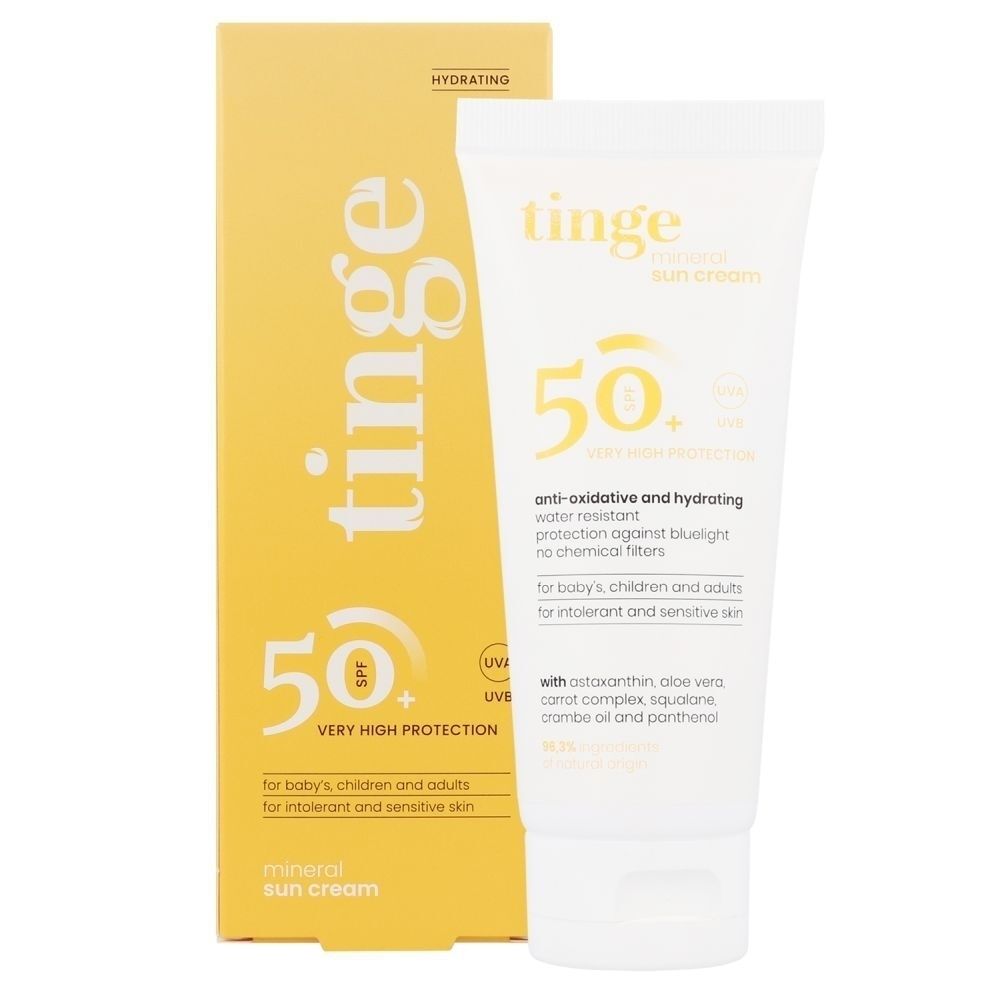 Tube et carton Tinge Crème Solaire Minérale SPF50+.
