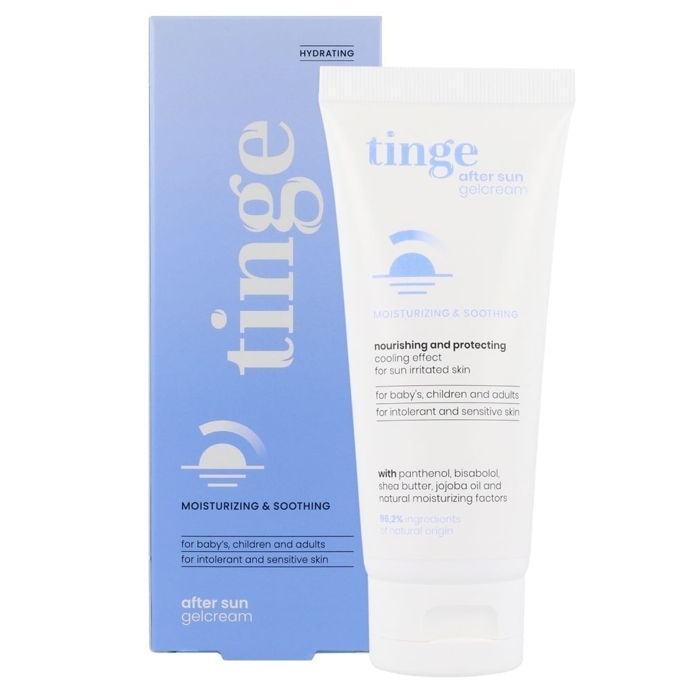 Tube et boîte de Gel-Crème Après-Soleil Tinge.