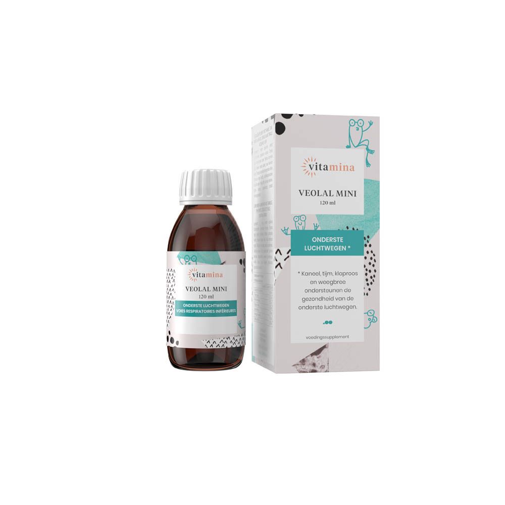 Bouteille en verre brun avec bouchon blanc. L'étiquette indique 'VEOLAL MINI 120 ml' et 'VOIES RESPIRATOIRES INFÉRIEURES'.