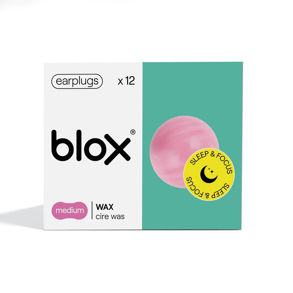 Boîte de Blox bouchons d'oreille Medium Cire. Contient 12 pièces. Bouchons roses et autocollant jaune avec symbole de lune.