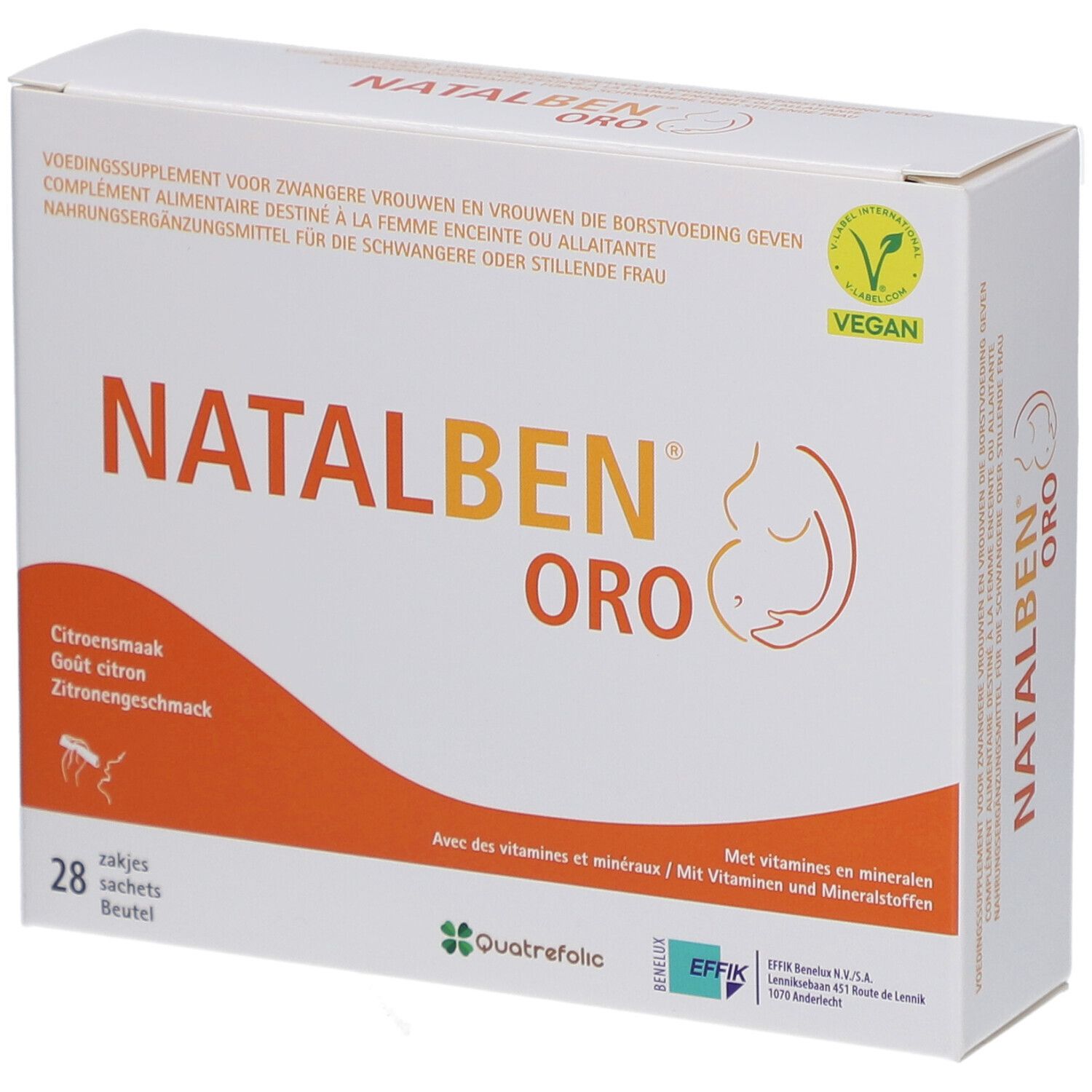 Boîte blanche avec encadré orange. Inscription Natalben ORO. Logo Vegan. Illustration femme enceinte. 28 sachets.