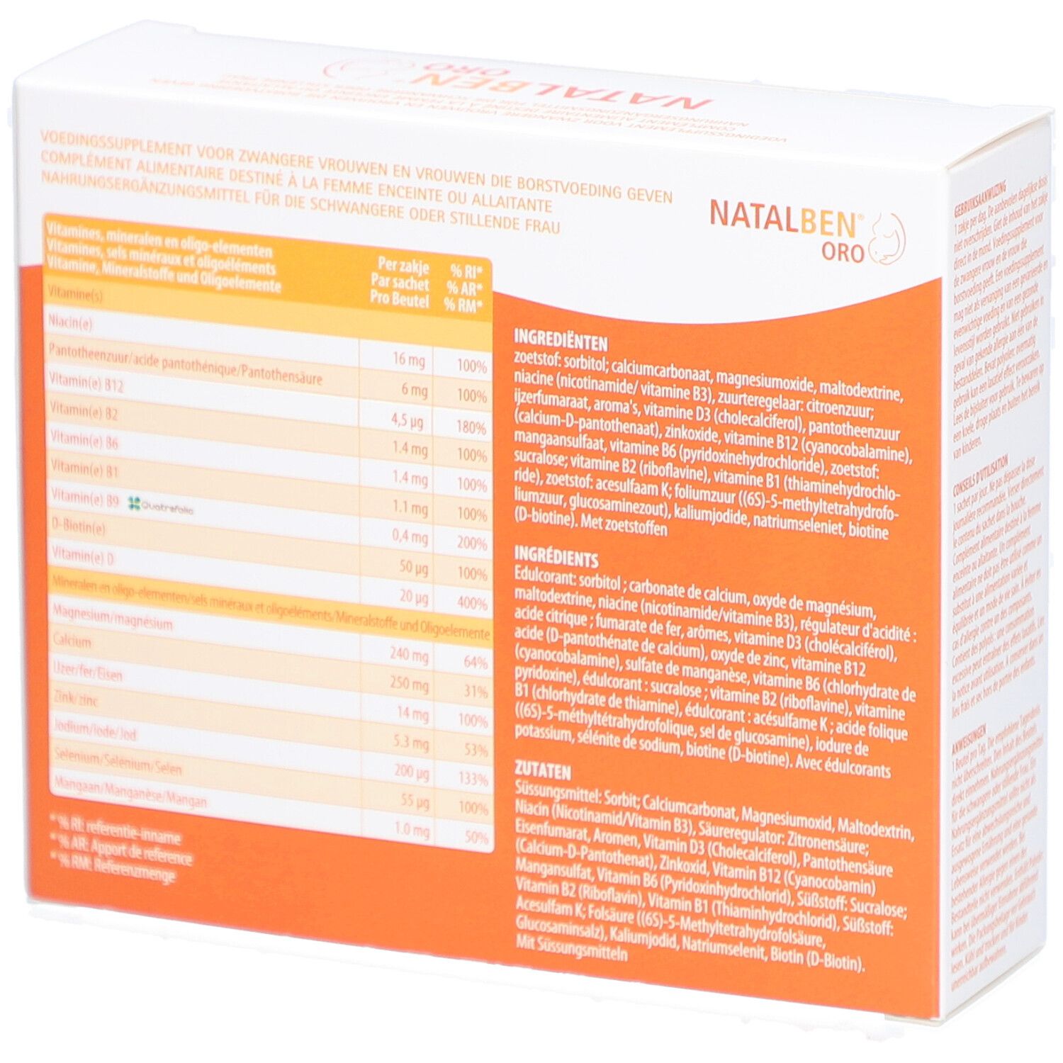 Dos d'une boîte blanche avec encadré orange. Inscription Natalben ORO. Ingrédients et informations nutritionnelles en tableau.