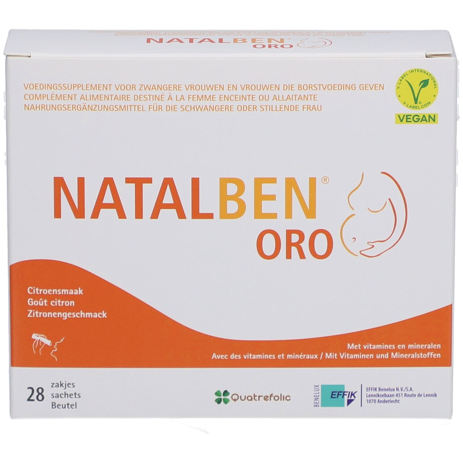 Boîte blanche avec encadré orange. Inscription Natalben ORO. Logo Vegan. Illustration femme enceinte. 28 sachets.