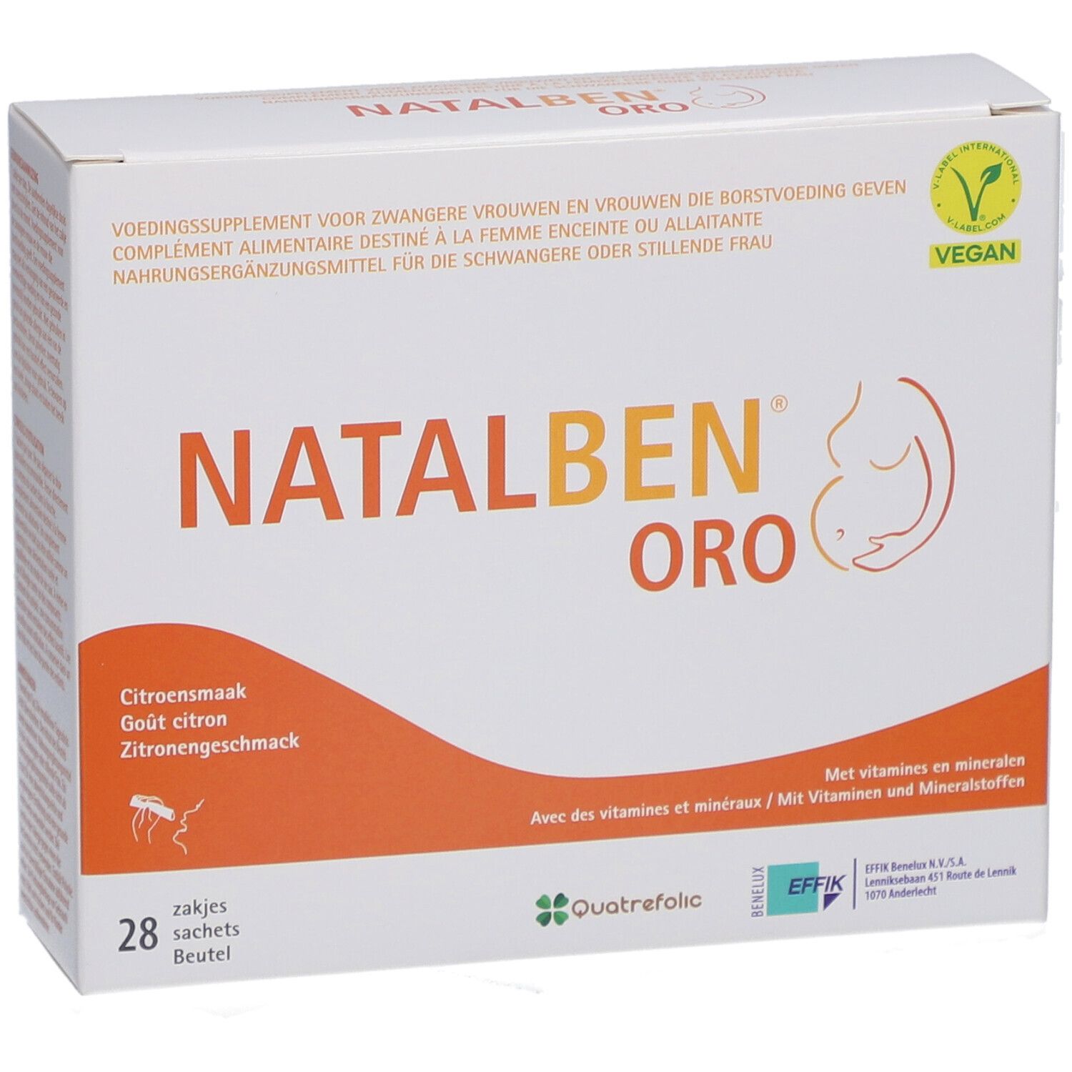 Boîte blanche avec encadré orange. Inscription Natalben ORO. Logo Vegan. Illustration femme enceinte. 28 sachets.