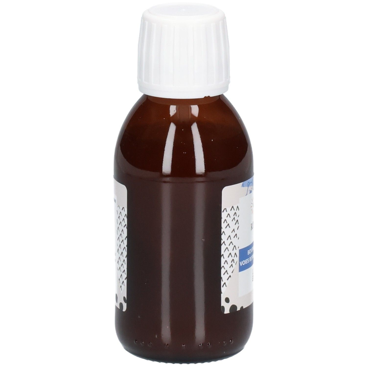Bouteille en verre brun avec bouchon à vis blanc et étiquette.