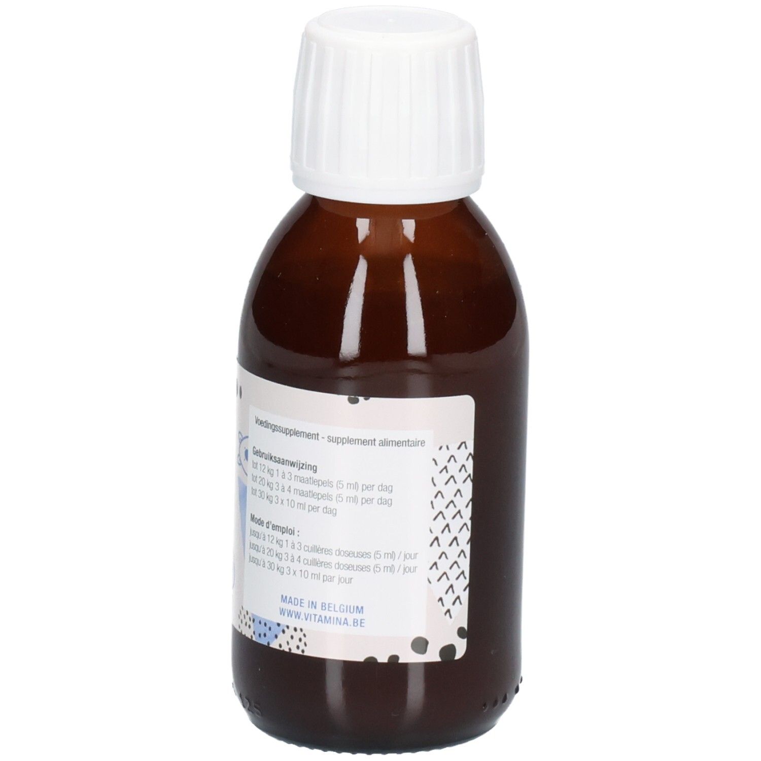 Bouteille en verre brun avec bouchon à vis blanc et étiquette d'informations produit.