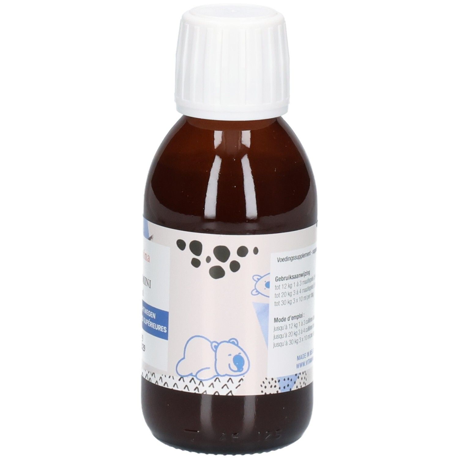 Bouteille en verre brun avec bouchon à vis blanc et étiquette avec motif d'ours.