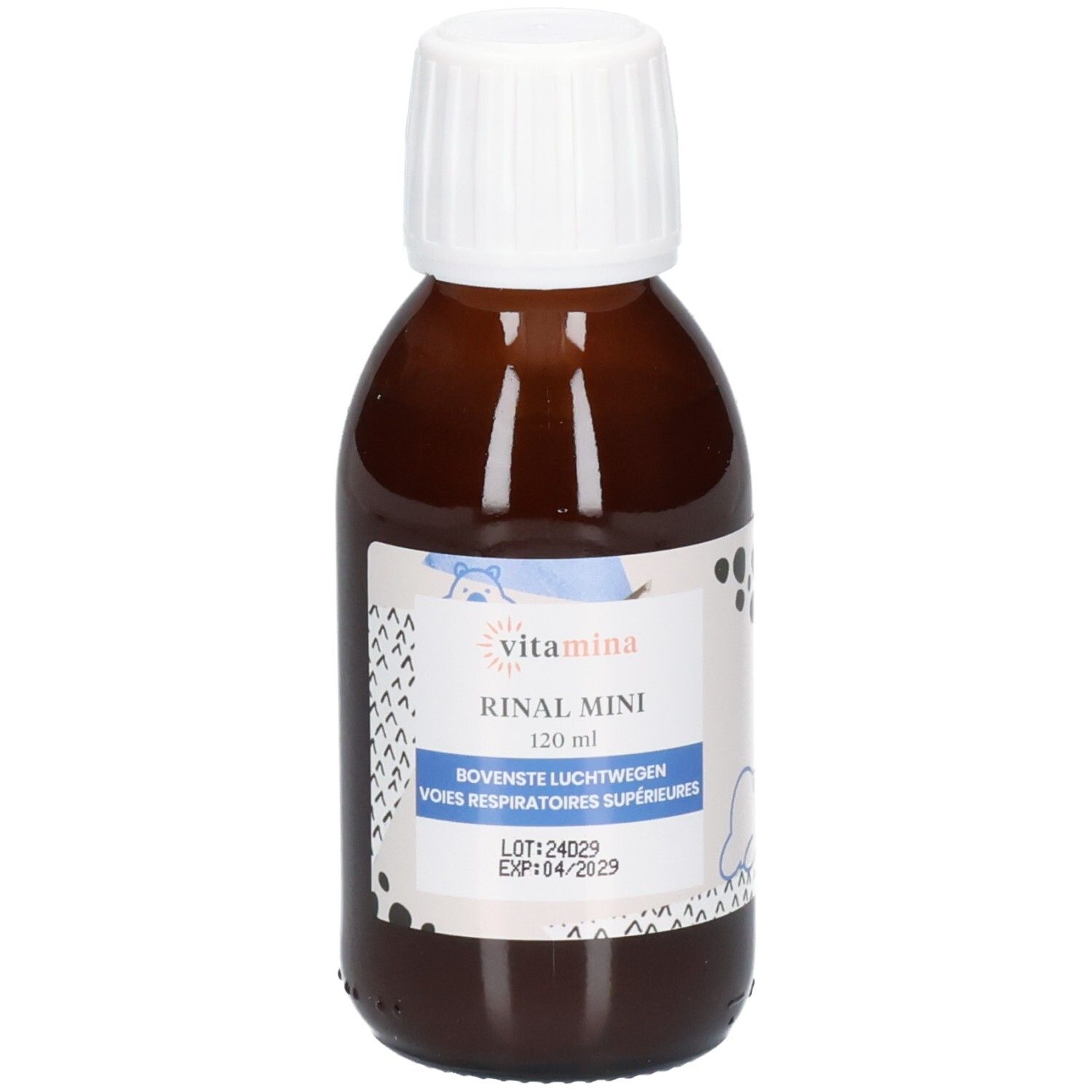 Bouteille Vitamina Rinal Mini 120ml avec bouchon à vis blanc et étiquette.