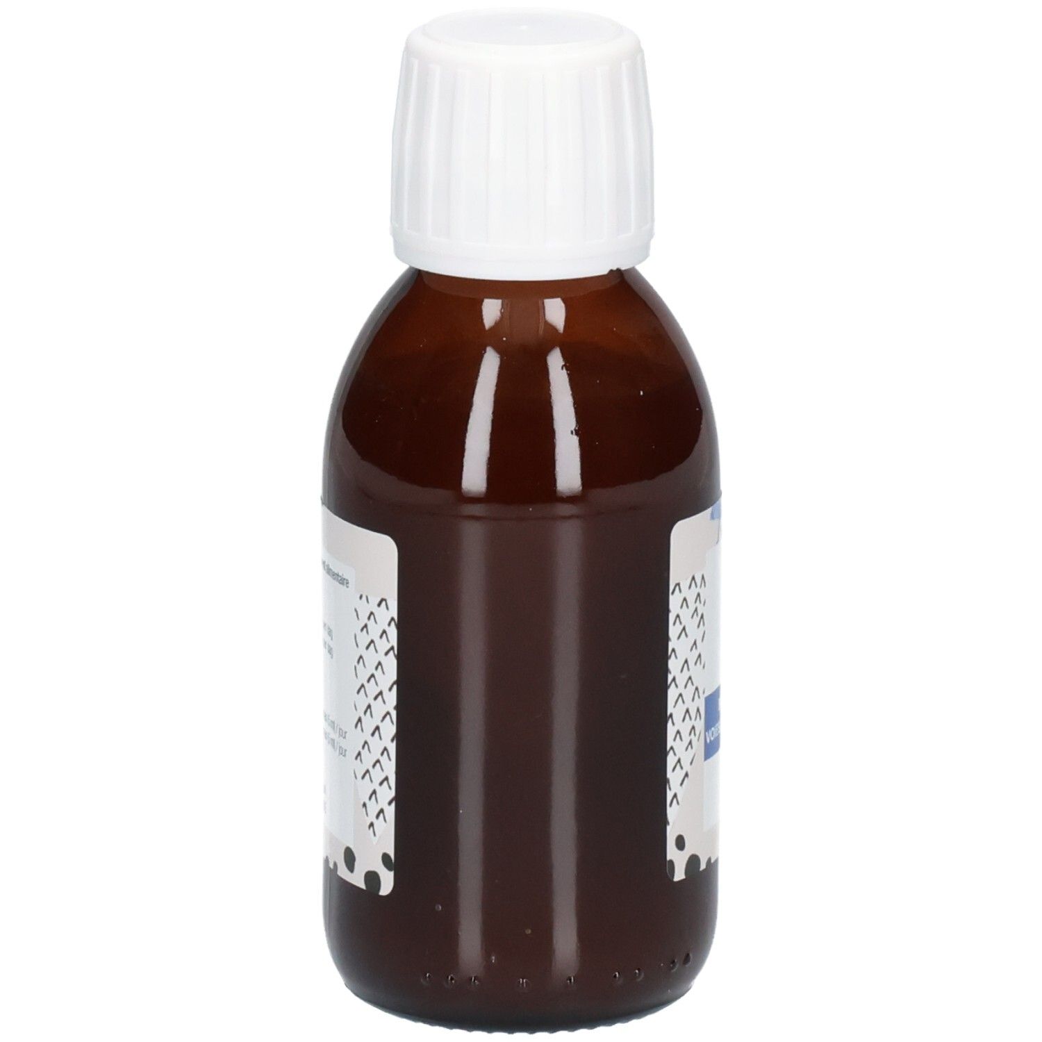 Bouteille en verre brun avec bouchon à vis blanc et étiquette.