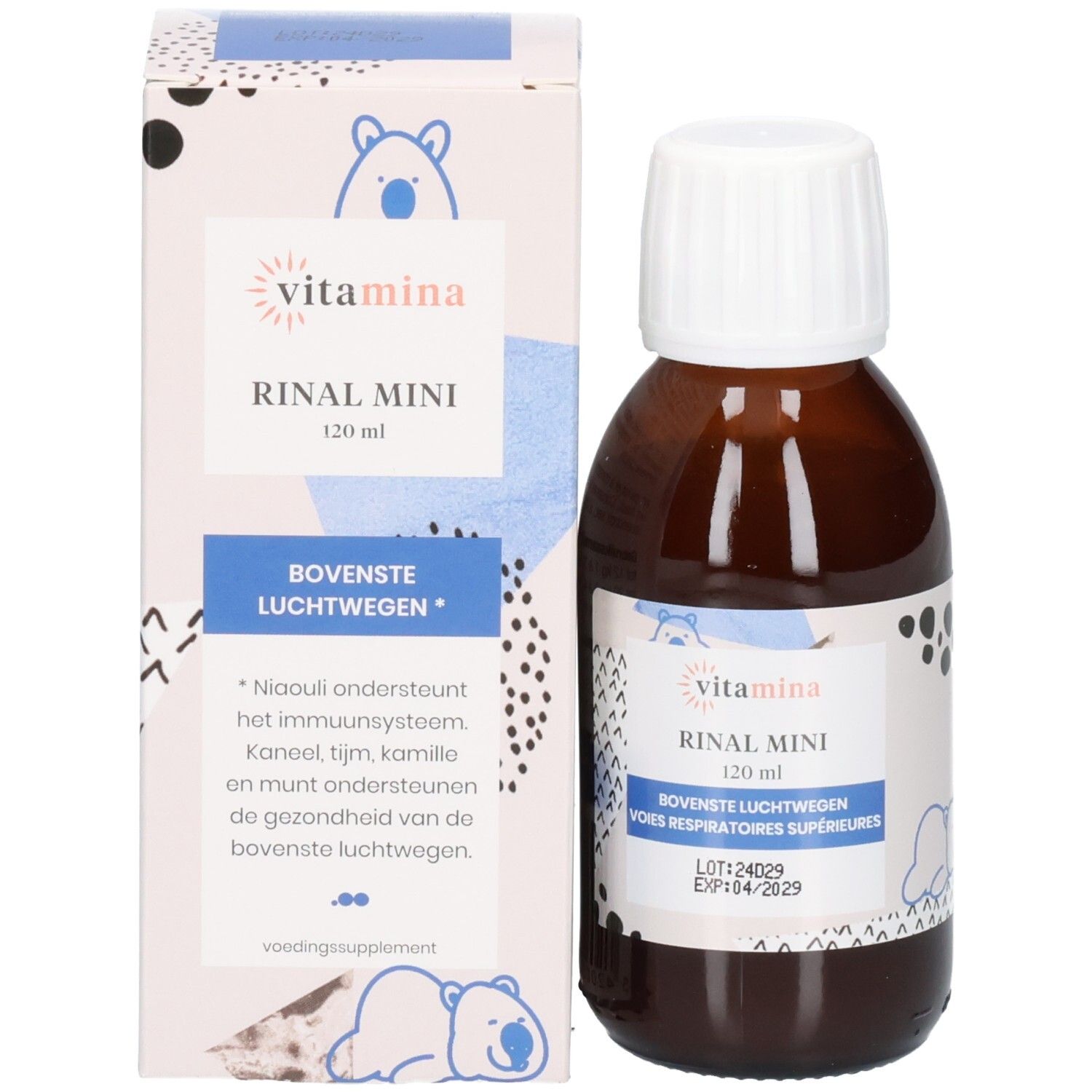 Bouteille et emballage Vitamina Rinal Mini 120ml avec motif d'ours.