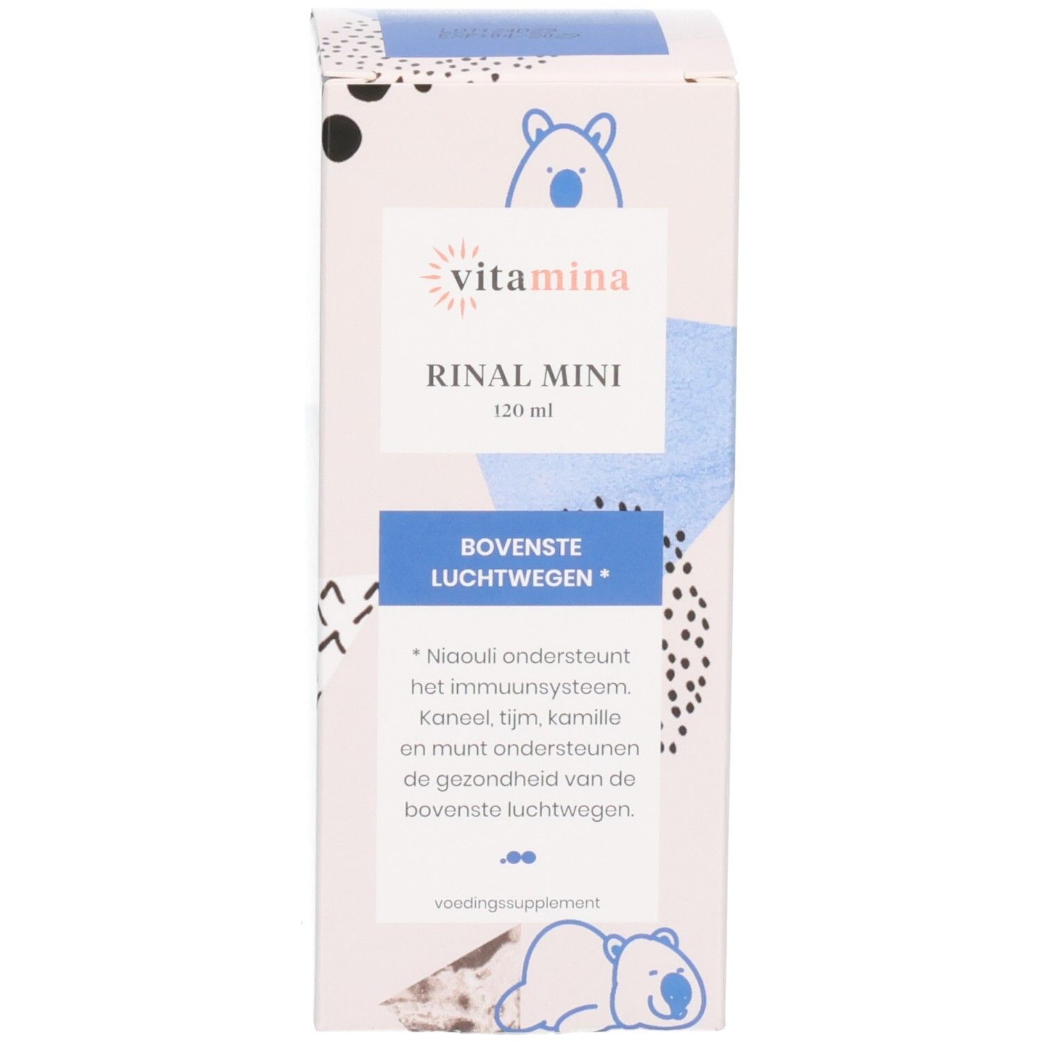 Emballage Vitamina Rinal Mini avec motif d'ours et informations produit.
