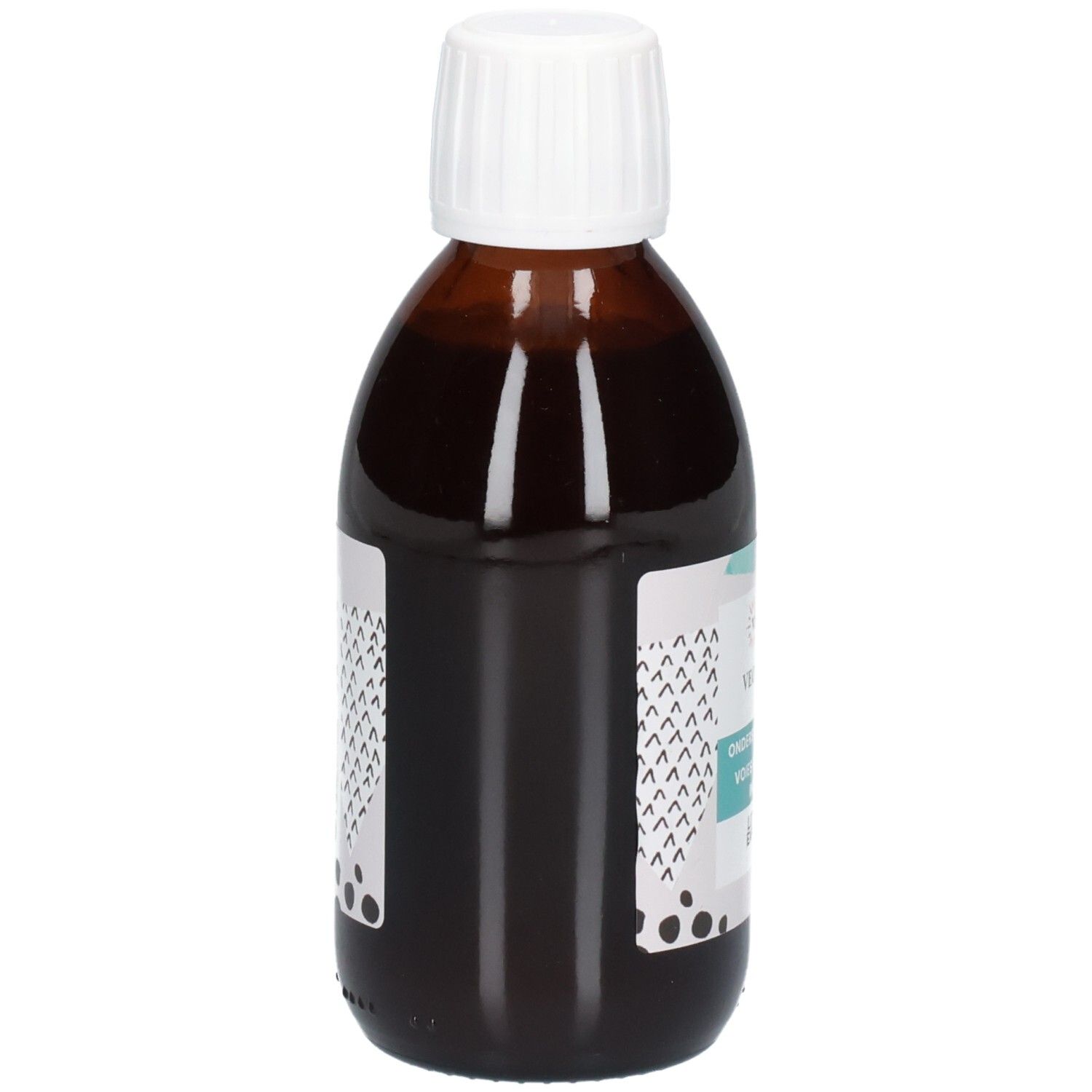 Bouteille en verre brun avec bouchon à vis blanc, remplie de liquide foncé. Étiquette avec motifs graphiques.