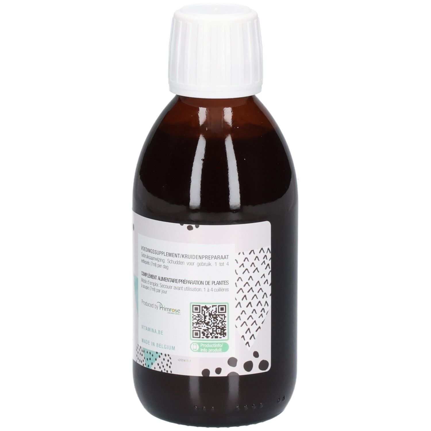 Arrière d'une bouteille en verre brun avec étiquette. Contient des informations sur le produit et un code QR.