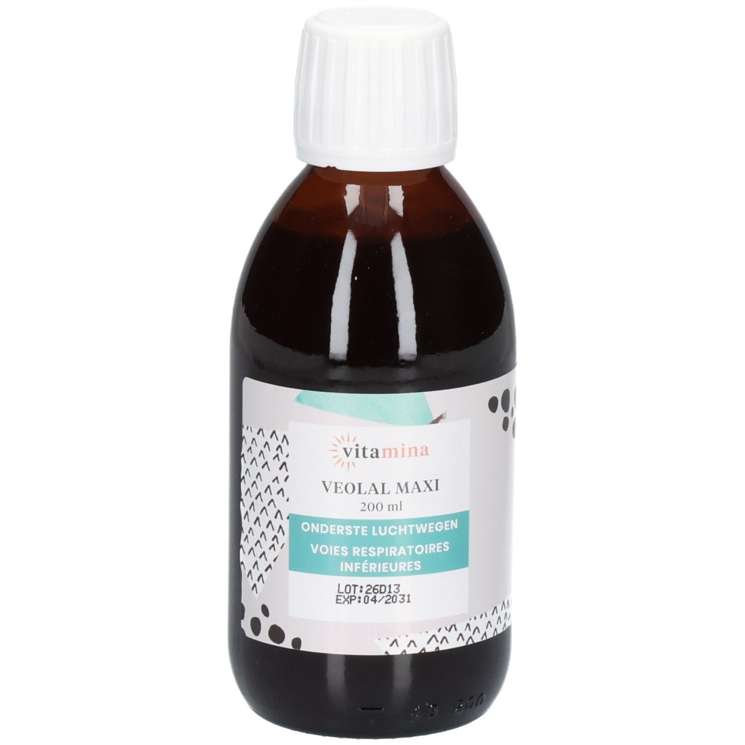 Vue de face de la bouteille Vitamina Veolal Maxi, 200 ml. L'étiquette indique le nom du produit et la zone d'application.
