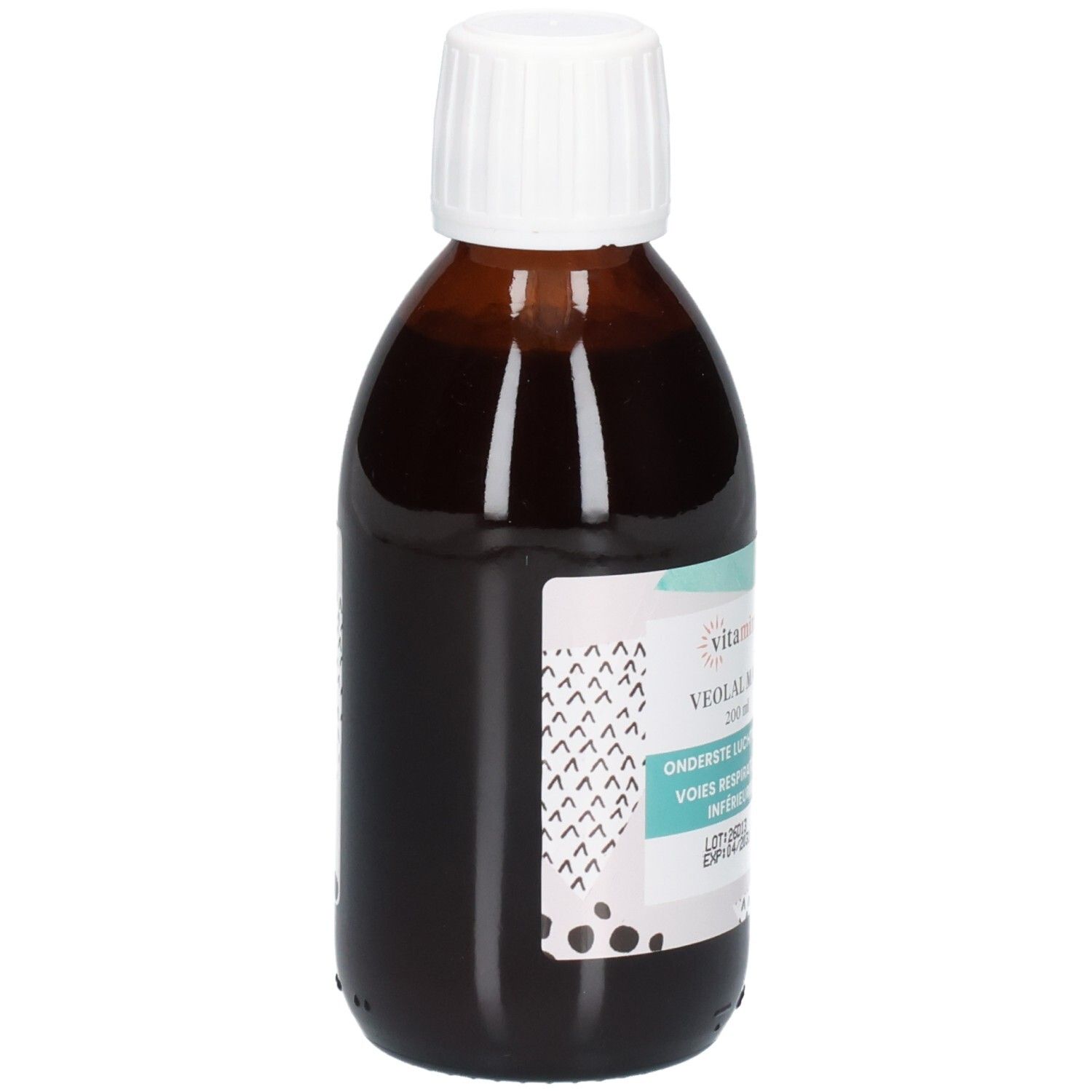 Vue latérale de la bouteille Vitamina Veolal Maxi, 200 ml. Verre brun, bouchon blanc, étiquette avec motifs.