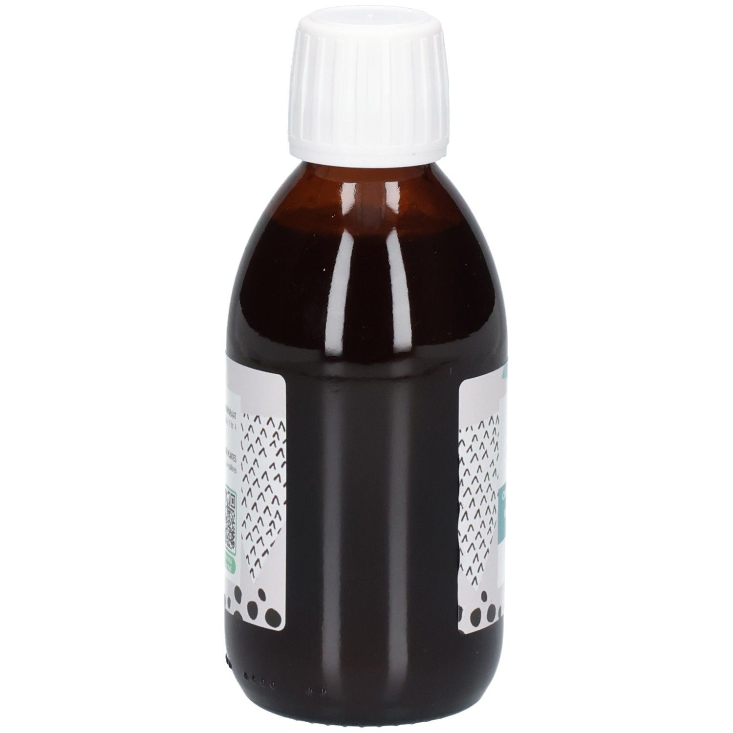 Gros plan de la bouteille en verre brun avec bouchon à vis blanc. Étiquette avec des éléments graphiques.