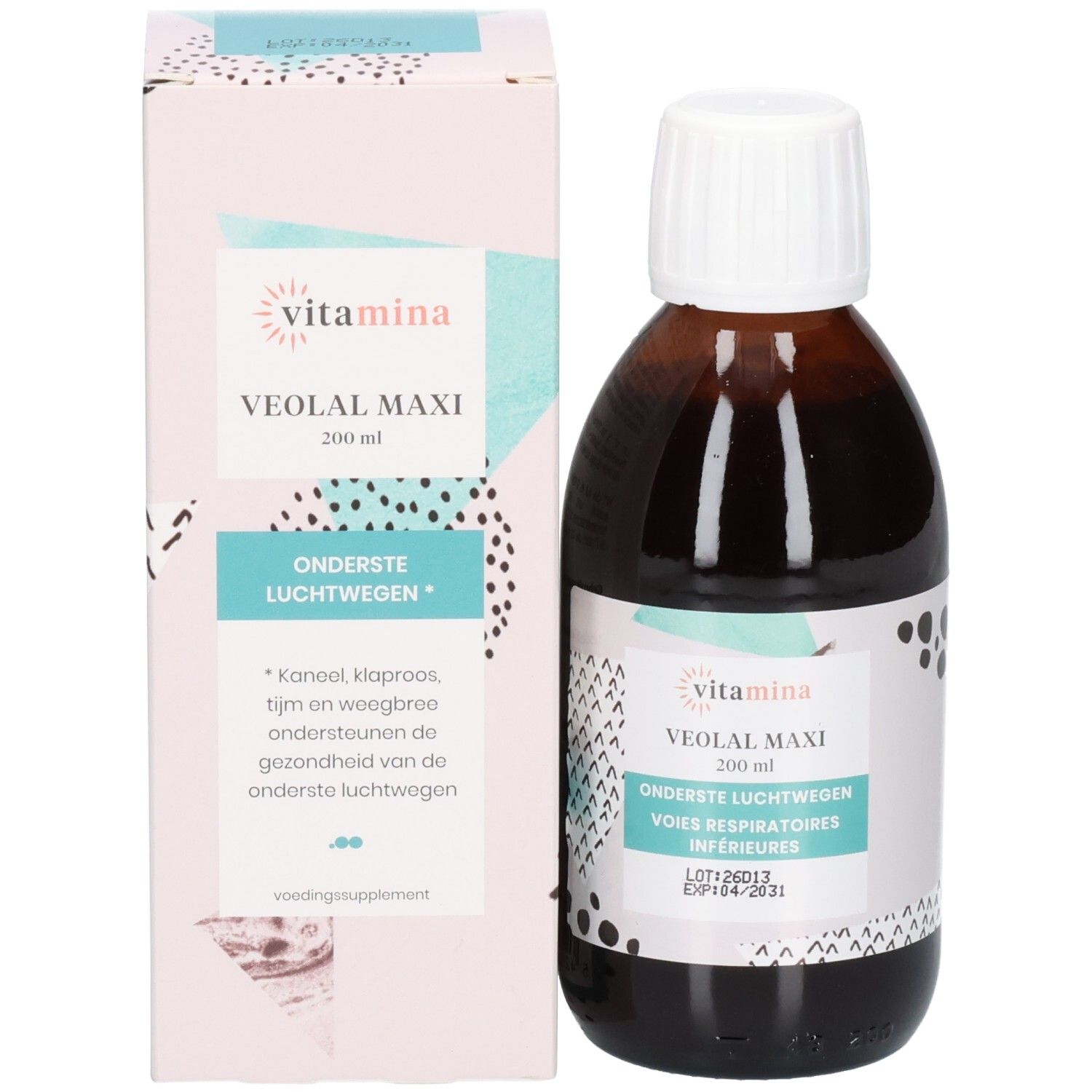 Bouteille Vitamina Veolal Maxi 200 ml à côté de son emballage. Les deux montrent le logo et les informations produit.