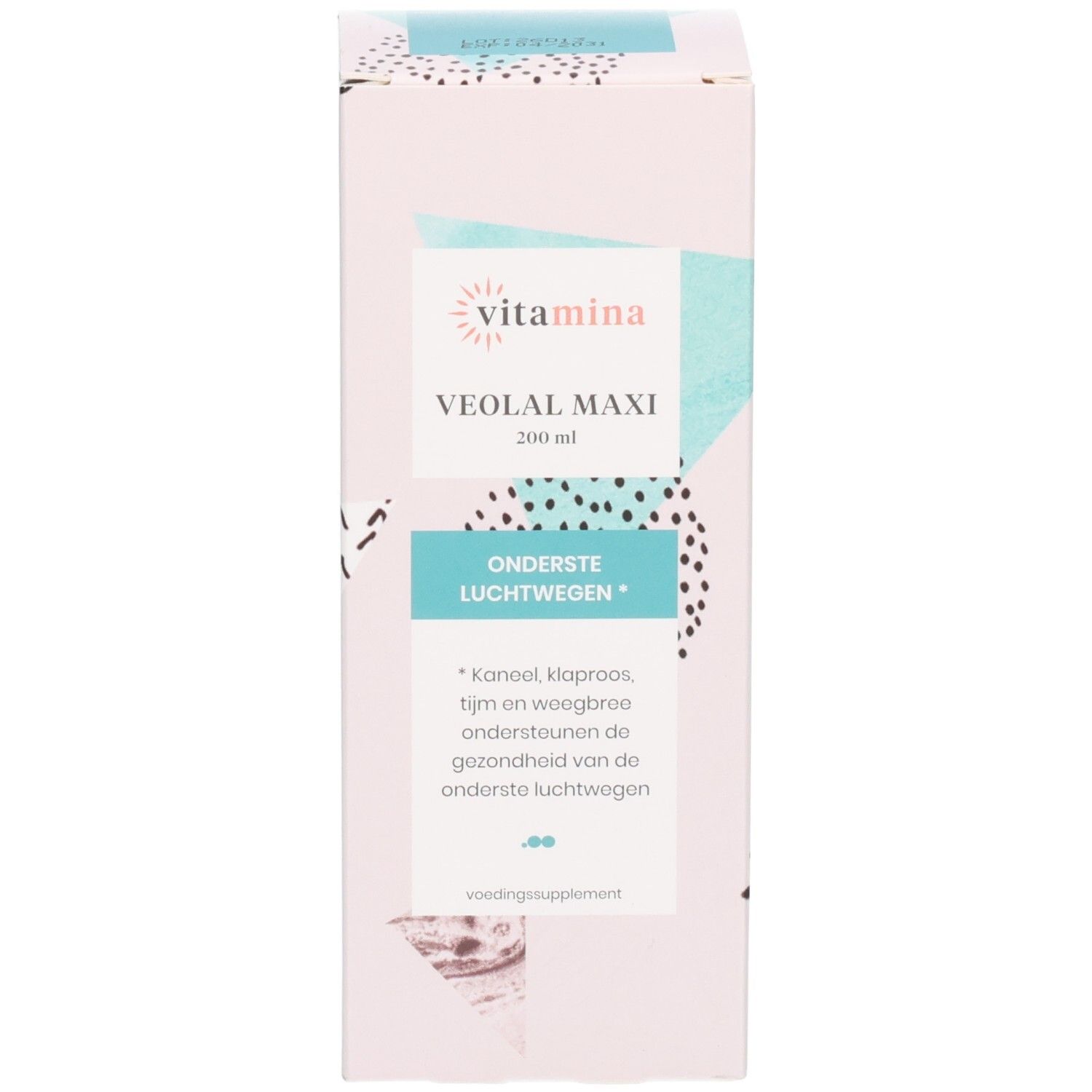 Emballage de Vitamina Veolal Maxi. Boîte en carton rose avec motifs graphiques et informations produit.