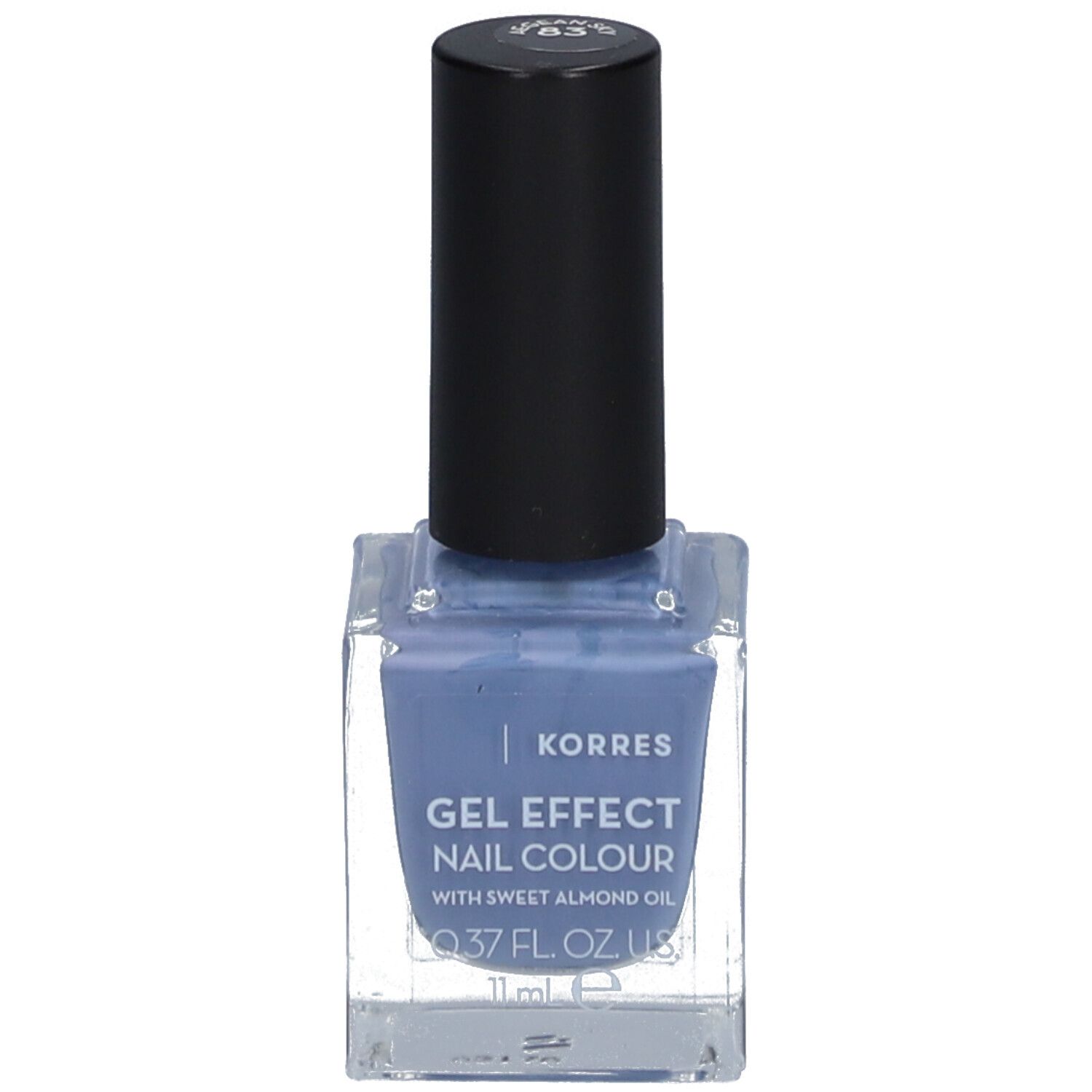Flacon de vernis à ongles carré bleu avec bouchon noir. Inscription : Korres, Gel Effect Nail Colour, 0.37 fl. oz. US, 11 ml.