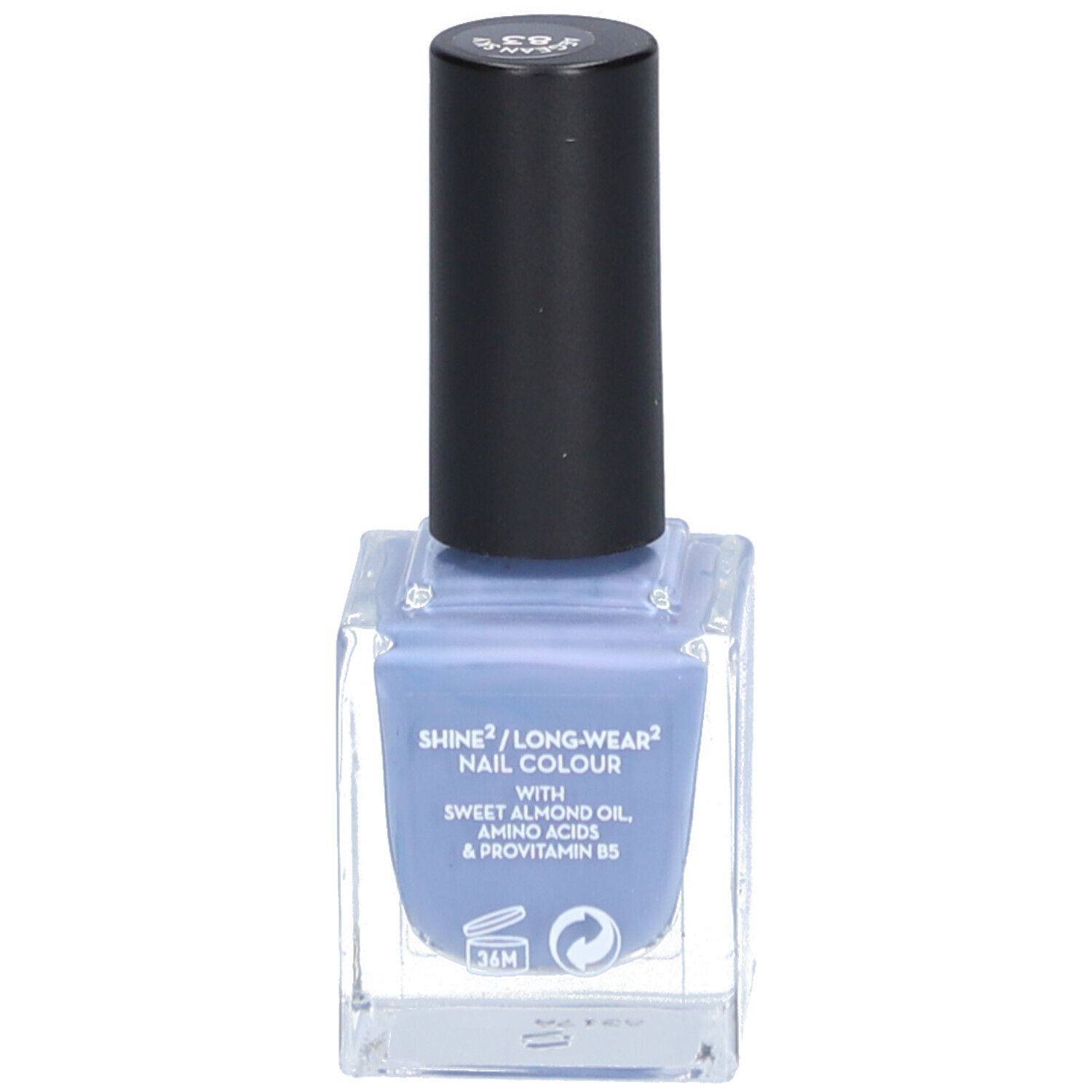 Flacon de vernis à ongles carré bleu avec bouchon noir. Inscription : Shine/Long-wear, Nail Colour, avec huile d'amande douce, acides aminés & provitamine B5.