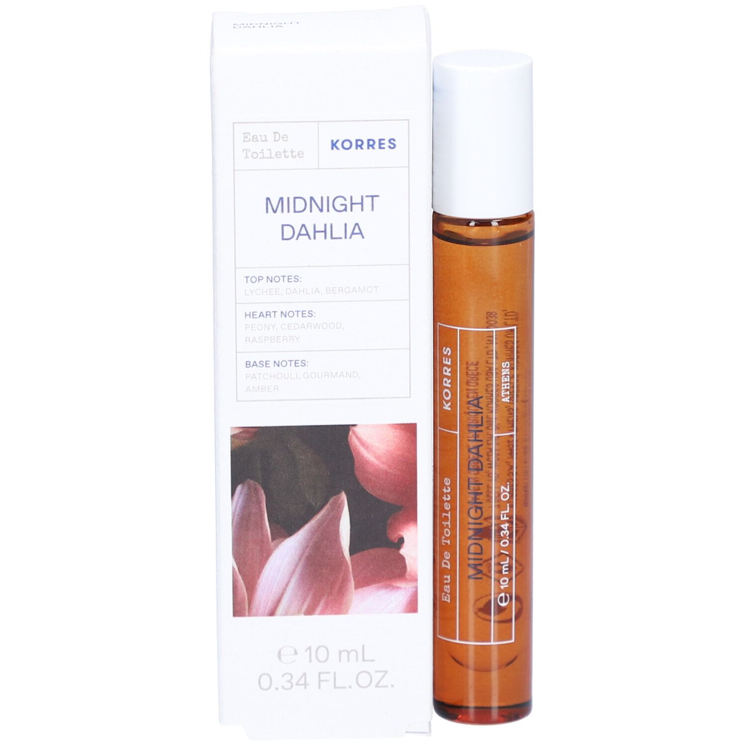 Korres Eau de Toilette Midnight Dahlia. Flacon en verre brun avec applicateur roll-on et bouchon blanc. Emballage blanc avec informations produit.