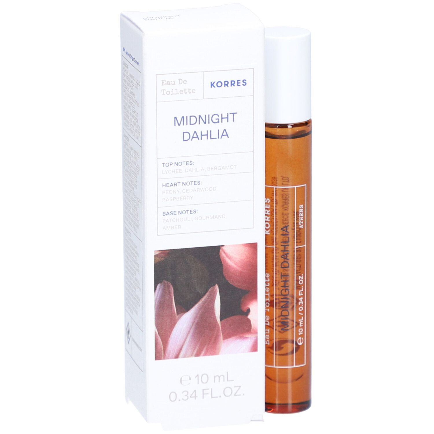 Korres Eau de Toilette Midnight Dahlia. Flacon en verre brun avec applicateur roll-on et bouchon blanc. Emballage blanc avec informations produit.