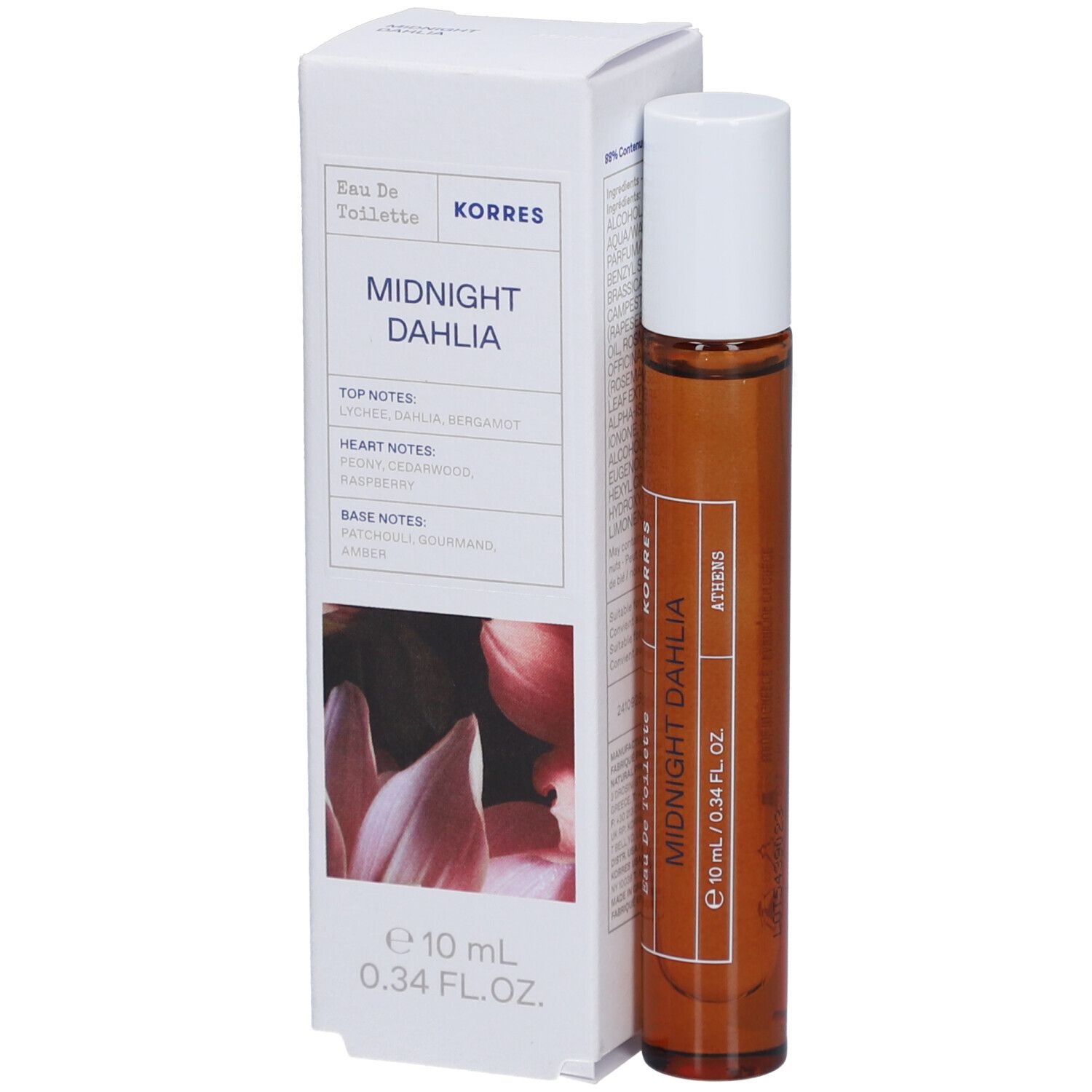 Korres Eau de Toilette Midnight Dahlia. Flacon en verre brun avec applicateur roll-on et bouchon blanc. Emballage blanc avec informations produit.