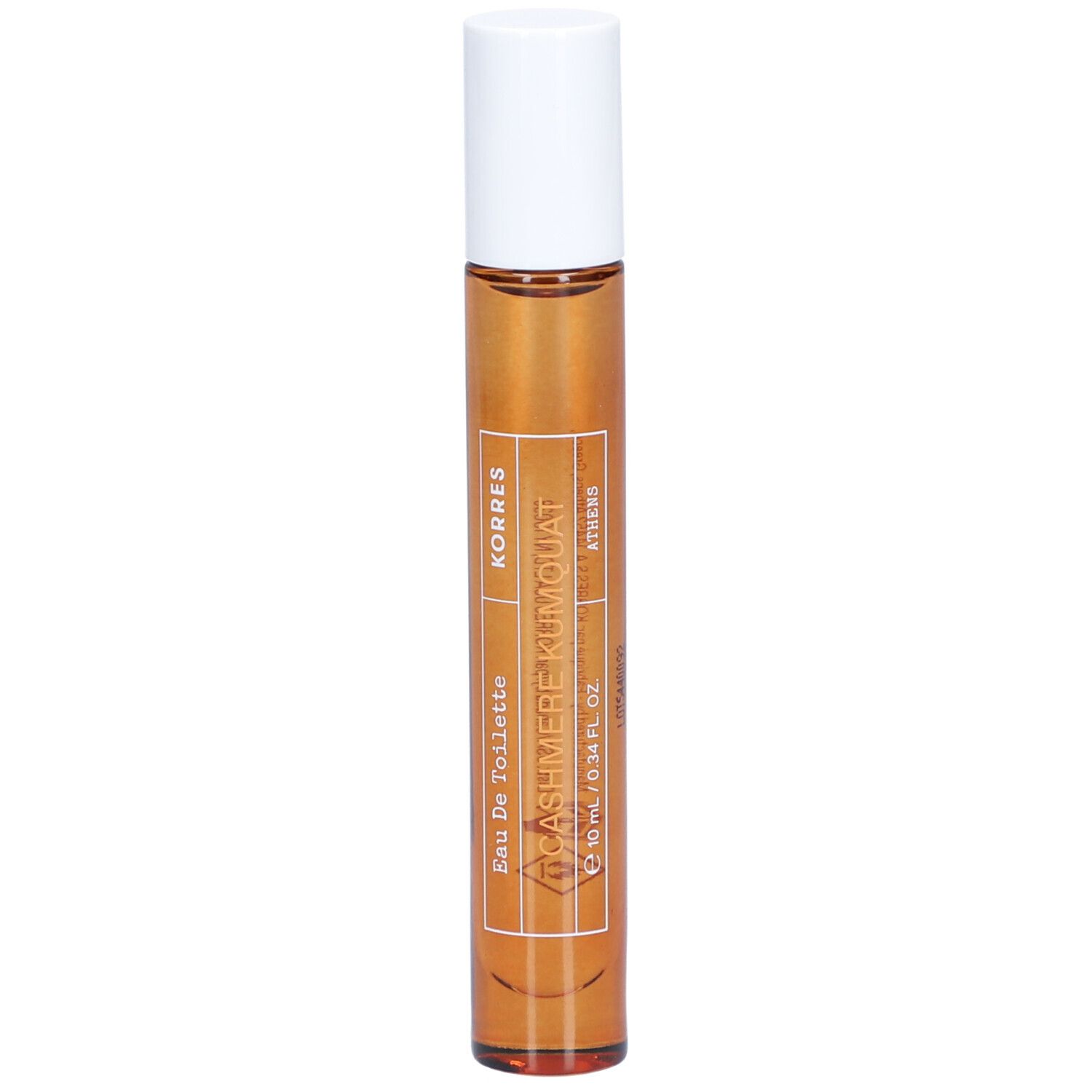 Flacon roll-on avec bouchon blanc. Inscription : Korres, Cashmere Kumquat, Eau de Toilette.