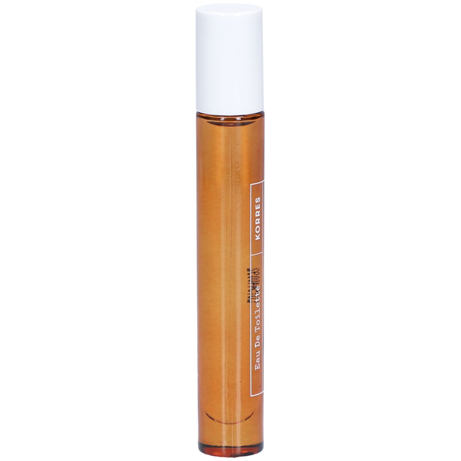 Flacon roll-on avec bouchon blanc. Inscription : Korres, Eau de Toilette.