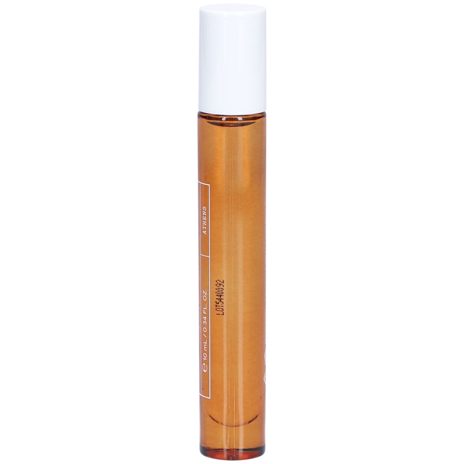 Flacon roll-on avec bouchon blanc. Inscription : Eau de Toilette.
