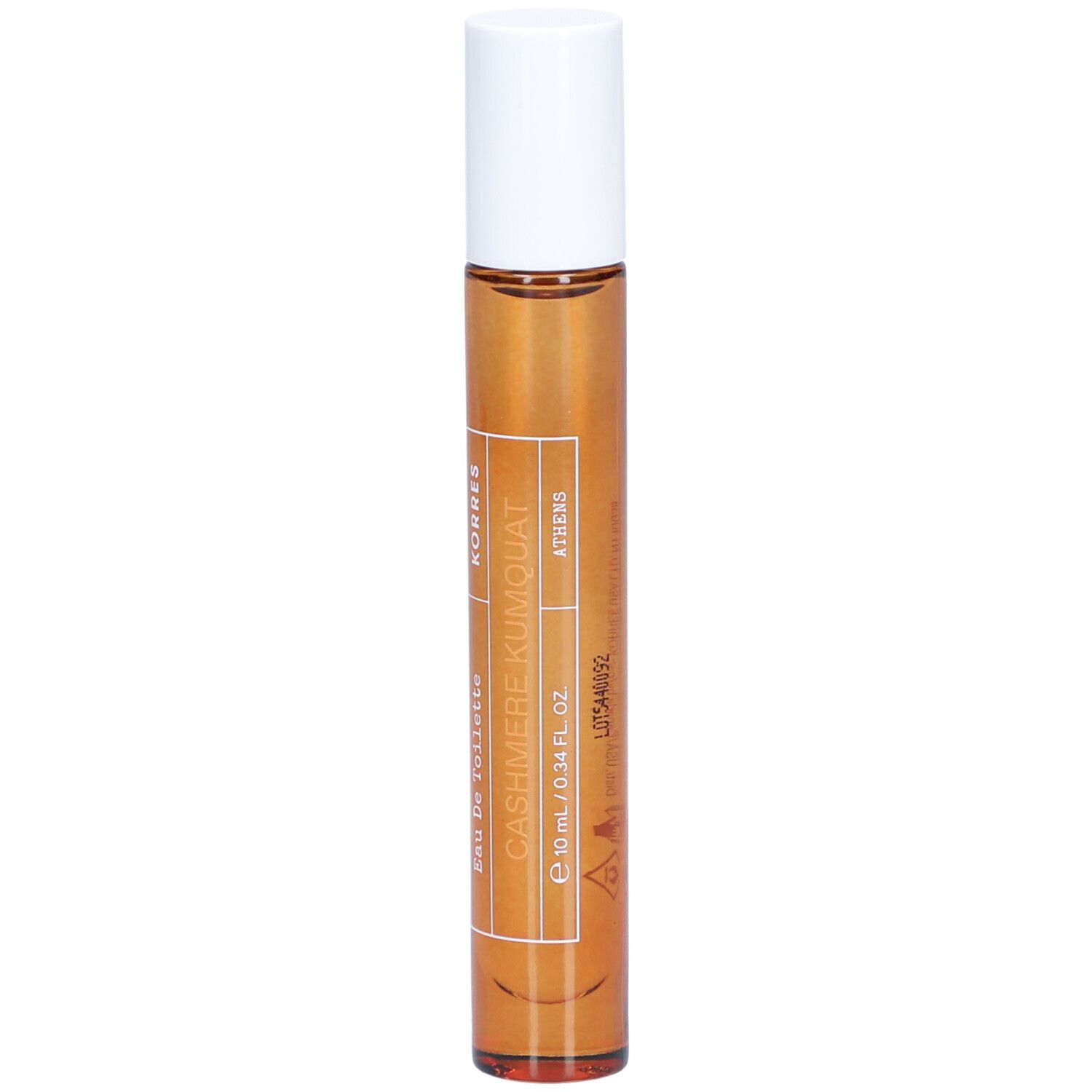 Flacon roll-on avec bouchon blanc. Inscription : Korres, Cashmere Kumquat, Eau de Toilette.