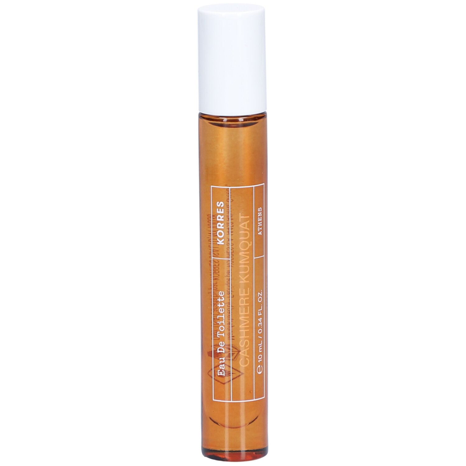 Flacon roll-on avec bouchon blanc. Inscription : Korres, Cashmere Kumquat, Eau de Toilette.