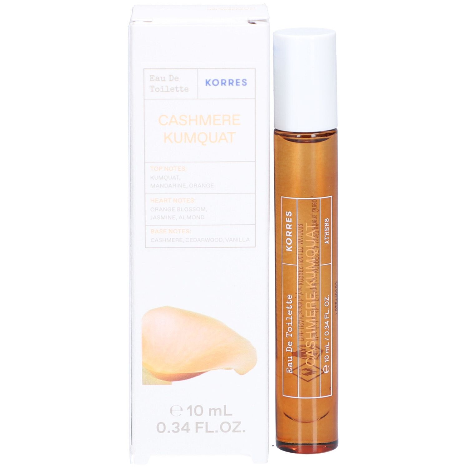 Produit et emballage. Flacon roll-on et boîte. Inscription : Korres, Cashmere Kumquat, Eau de Toilette.