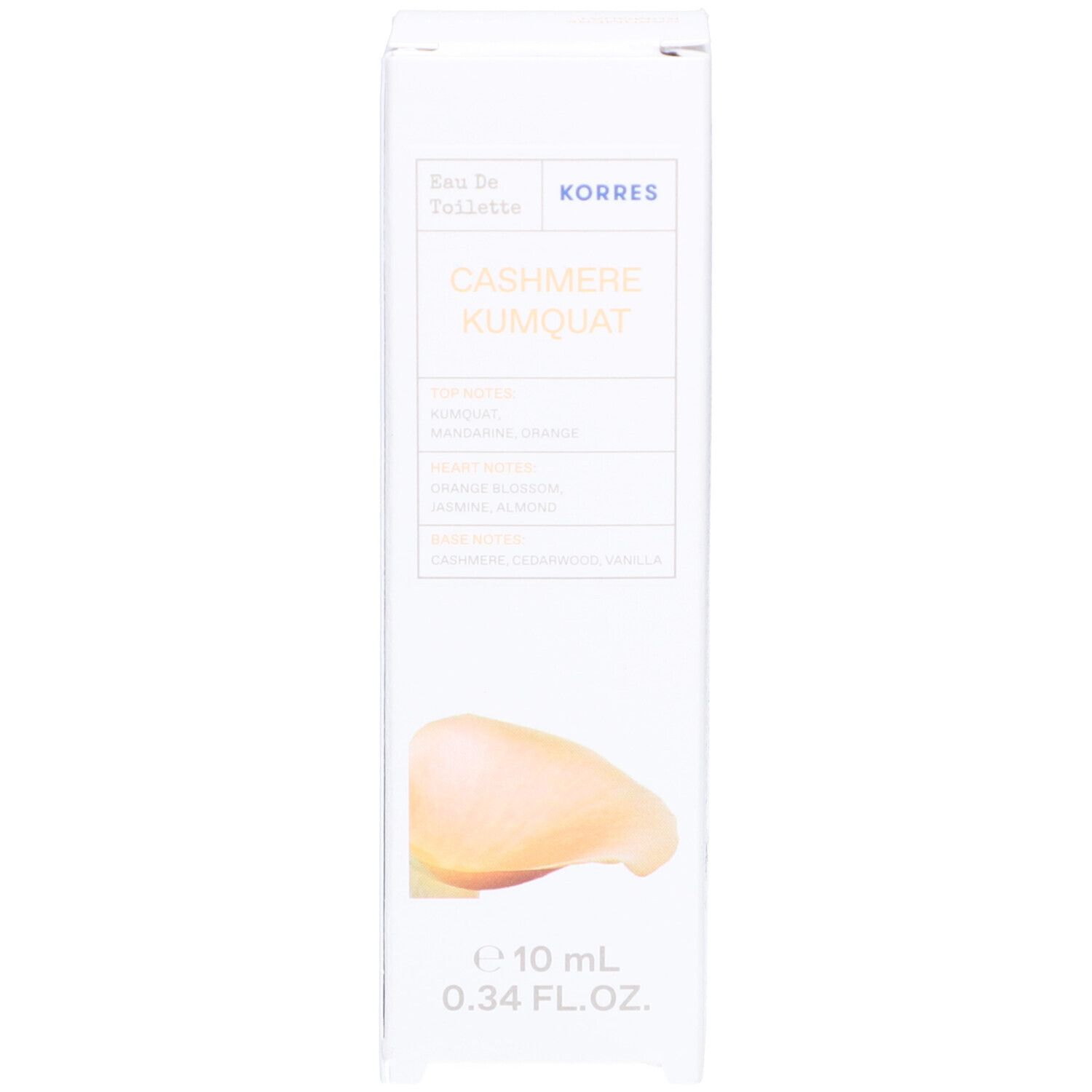 Boîte avec inscription : Korres, Cashmere Kumquat, Eau de Toilette. Illustration : fruit.